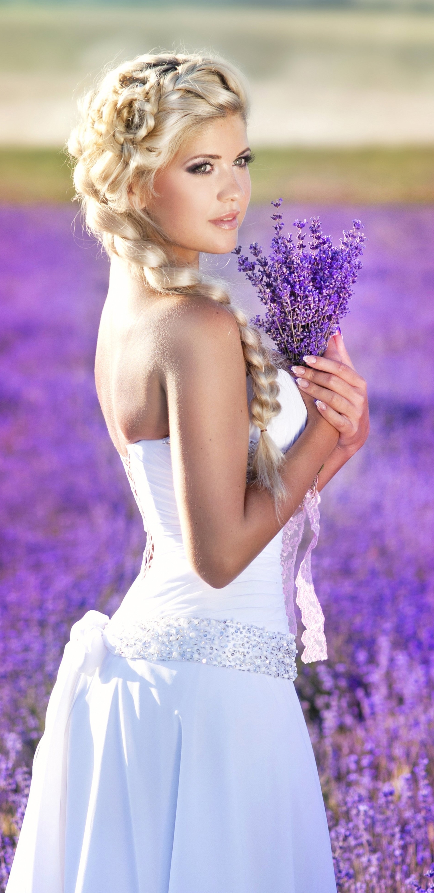Download mobile wallpaper Flower, Bouquet, Dress, Lavender, Bride, Women, Wedding Dress, Plait for free.
