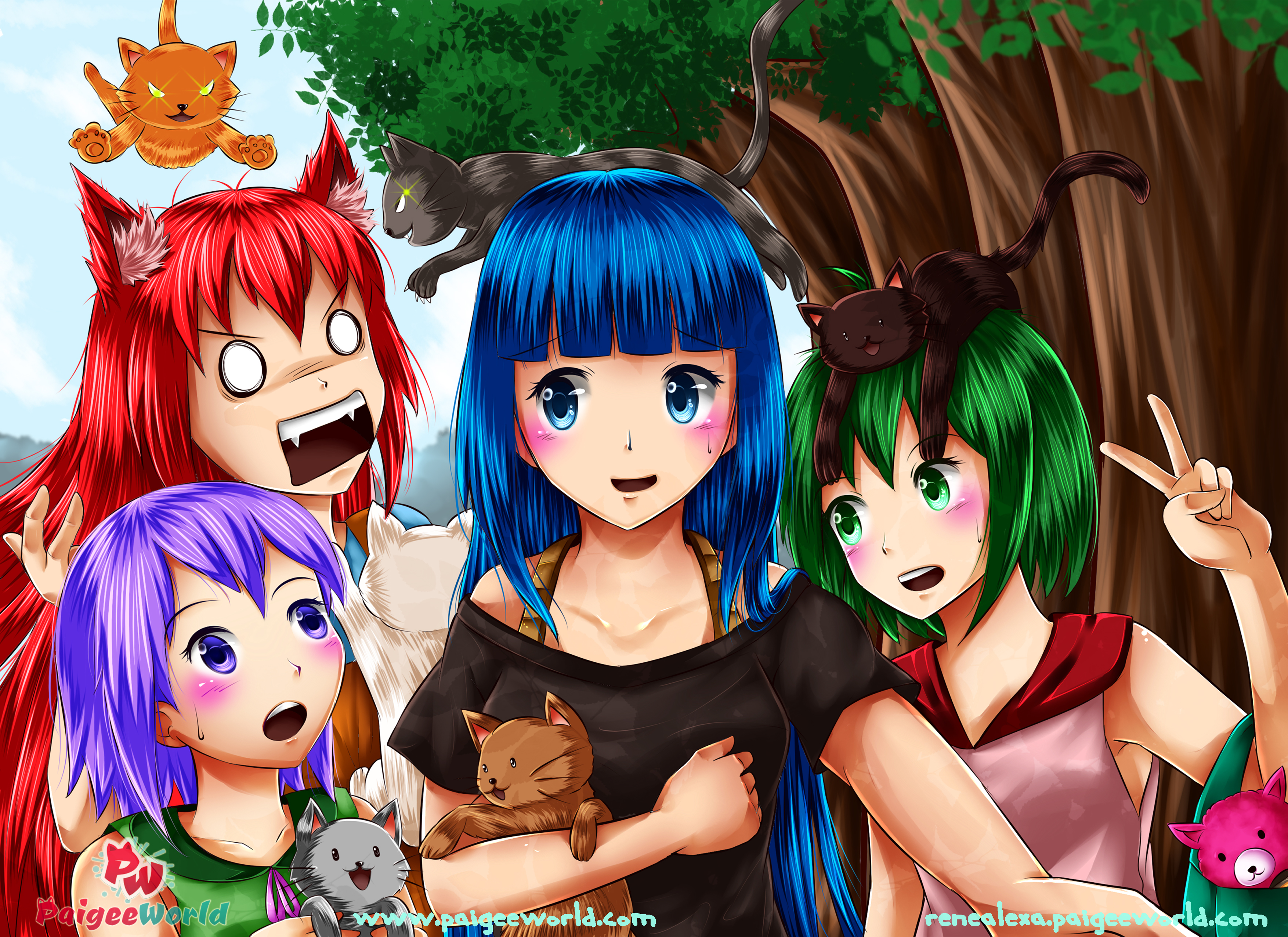 Free download wallpaper Anime, Cat, Green Hair, Green Eyes, Blue Eyes, Original, Blue Hair, Purple Eyes, Red Hair, Cat Girl, Purple Hair on your PC desktop