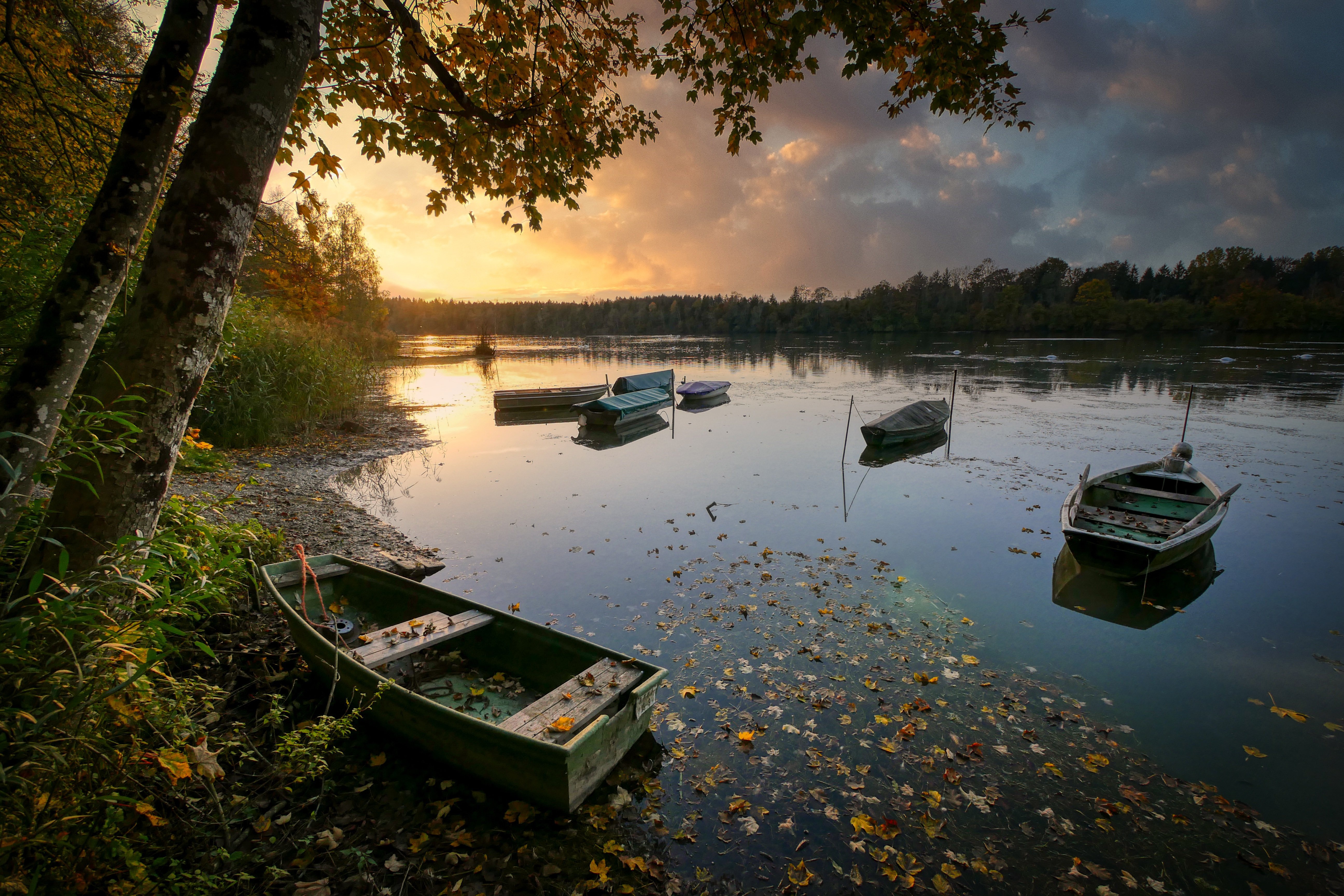 PCデスクトップに秋, 湖, ボート, 海岸, 乗り物画像を無料でダウンロード