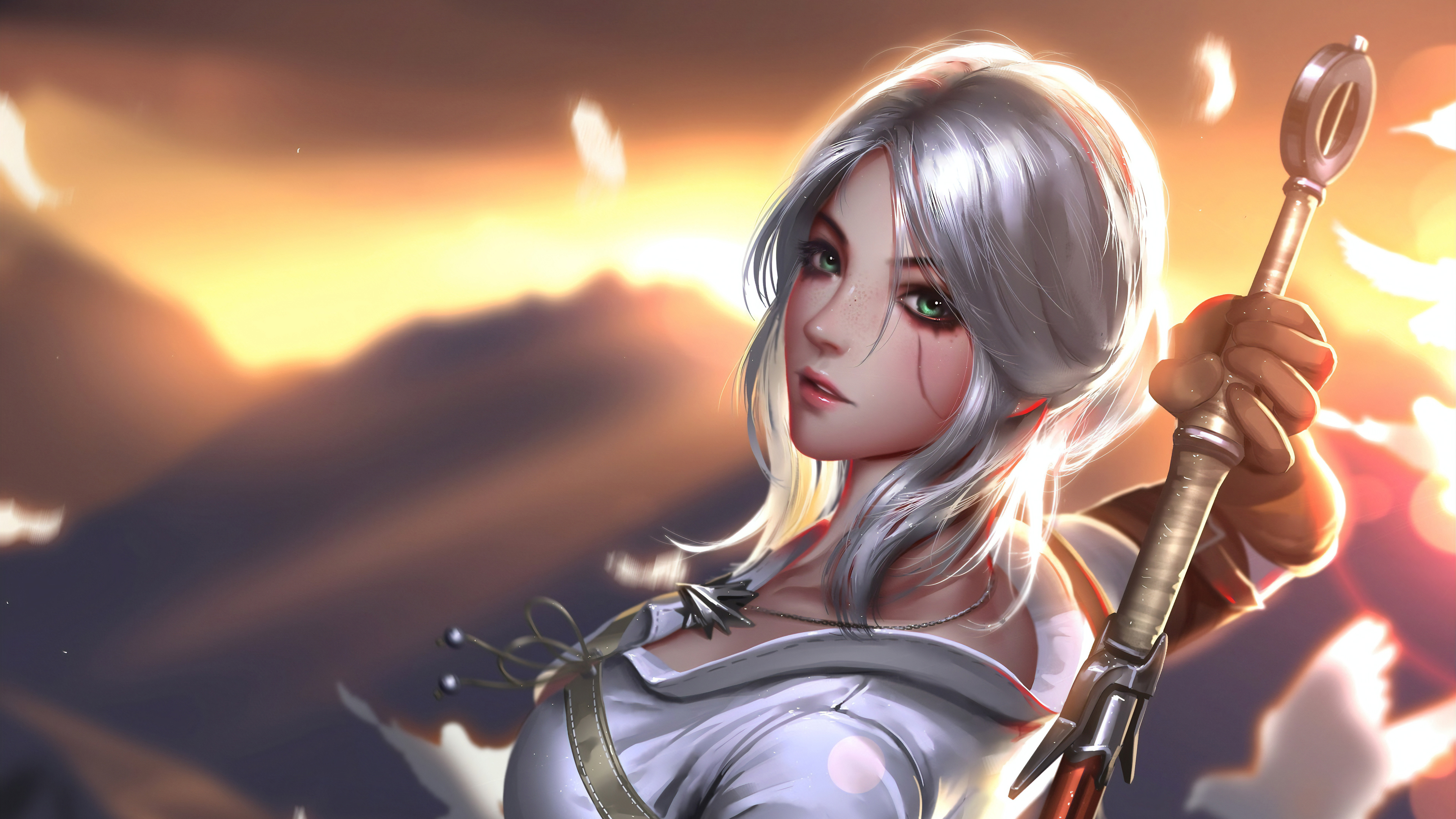 Free download wallpaper Green Eyes, Video Game, White Hair, Woman Warrior, The Witcher, The Witcher 3: Wild Hunt, Ciri (The Witcher) on your PC desktop