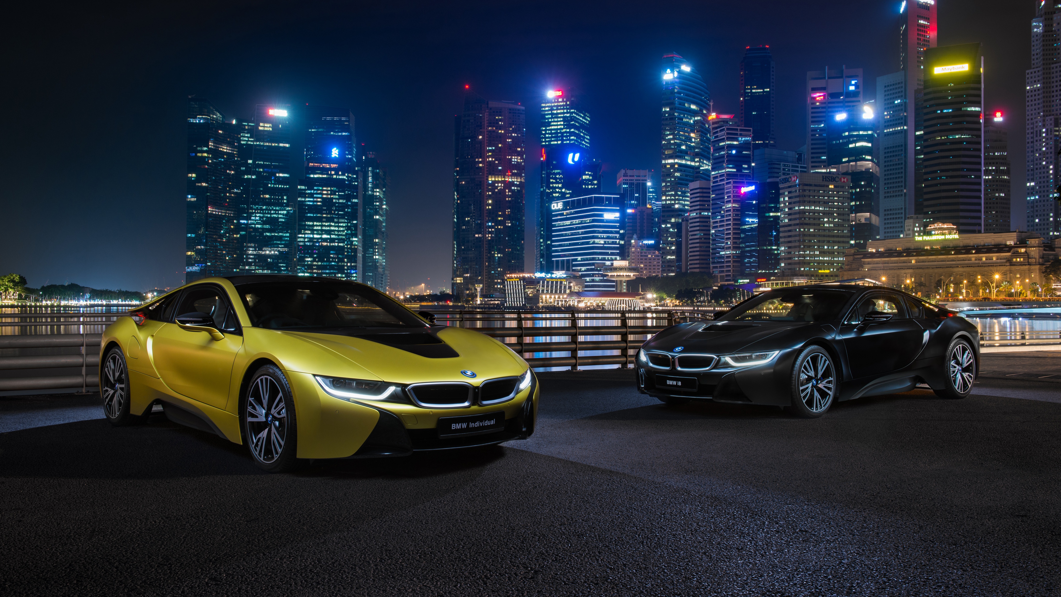Download mobile wallpaper Bmw, Night, City, Car, Supercar, Bmw I8, Vehicles, Black Car, Yellow Car for free.
