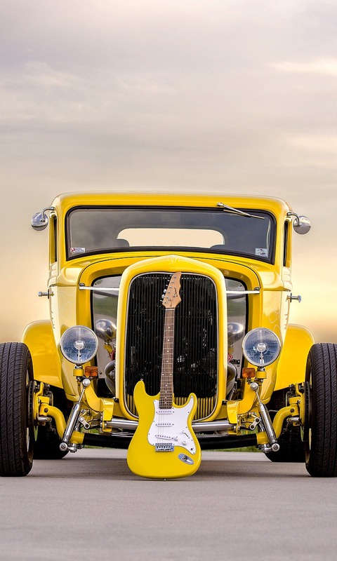 Baixar papel de parede para celular de Carro, Guitarra, Violão, Guitarra Elétrica, Carro Antigo, Carro Clássico, Veículo, Veículos, Hot Rod, Carro Amarelo gratuito.