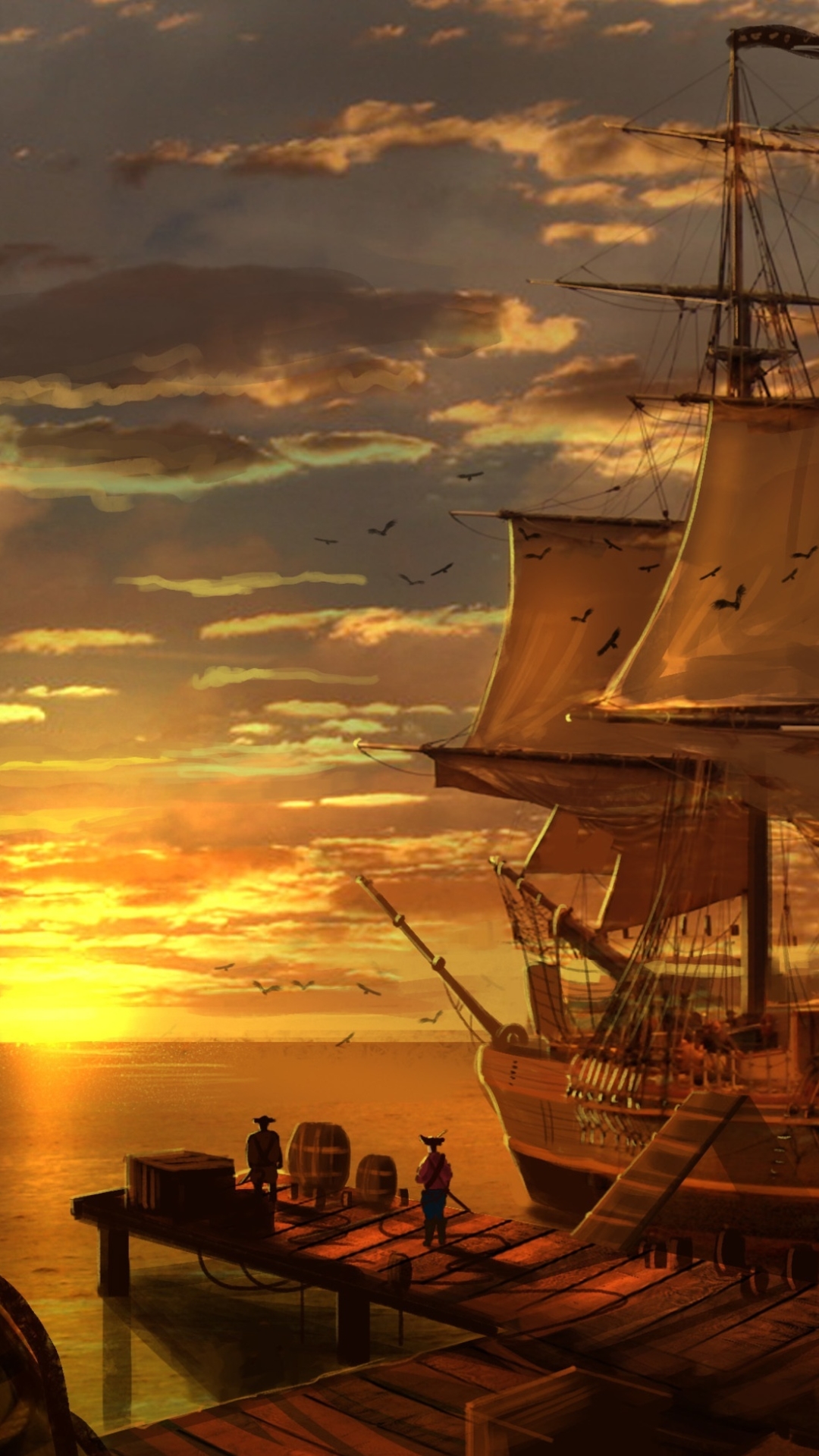 Download mobile wallpaper Fantasy, Sunset, Pier, Ship, Dock, Pirate, Palm Tree, Pirate Ship for free.