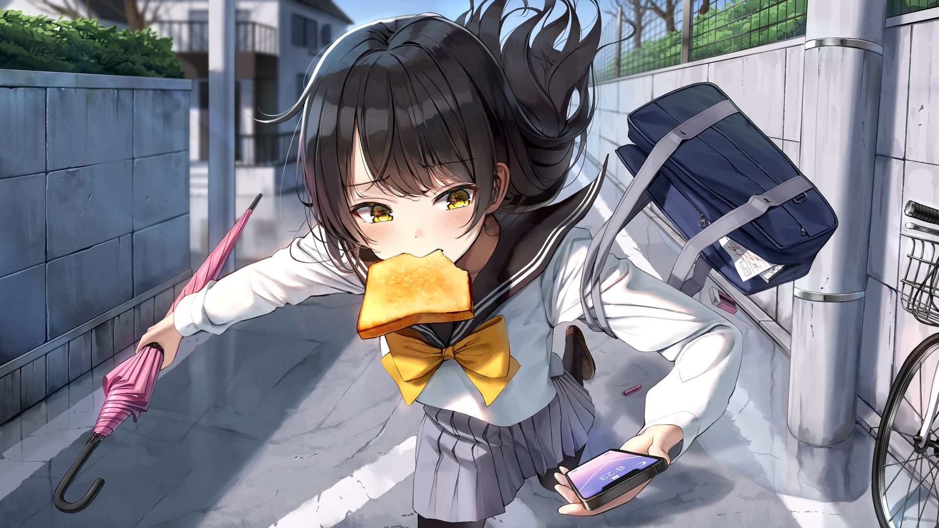 Download mobile wallpaper Anime, Girl, Umbrella, Yellow Eyes, School Uniform, Black Hair, Phone for free.