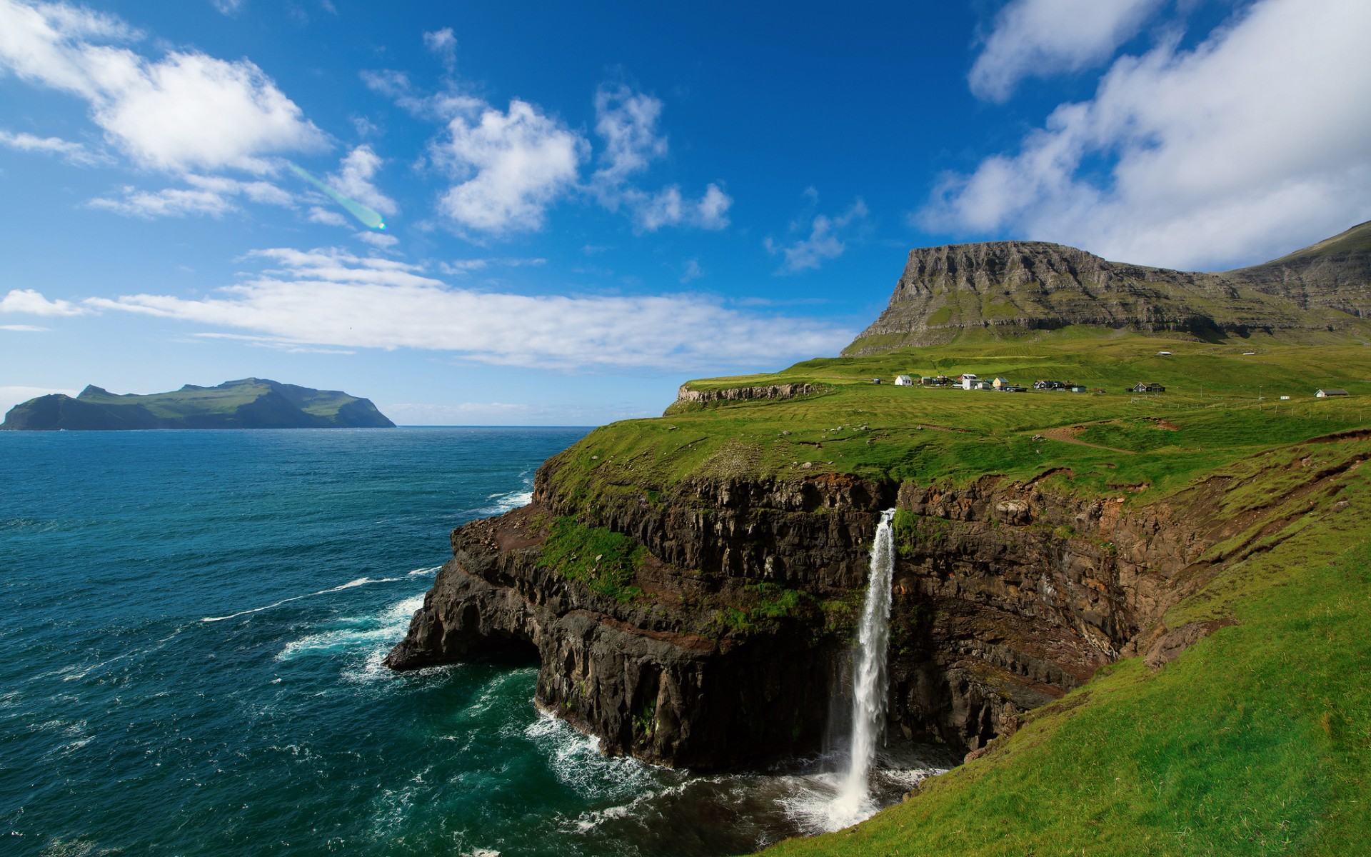 Free download wallpaper Landscape, Mountains, Sea, Waterfalls on your PC desktop