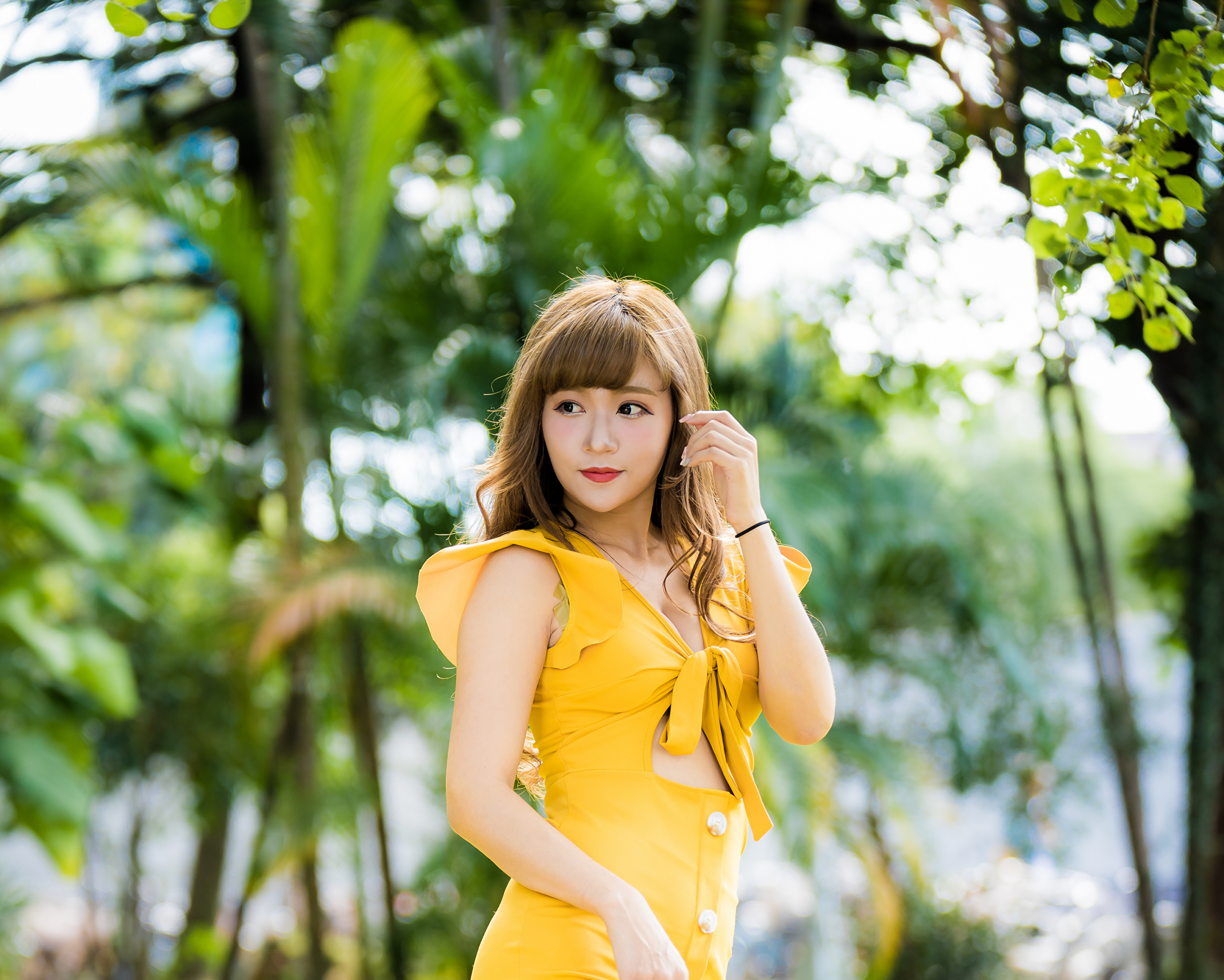 Download mobile wallpaper Brunette, Model, Women, Yellow Dress, Asian, Lipstick, Depth Of Field for free.