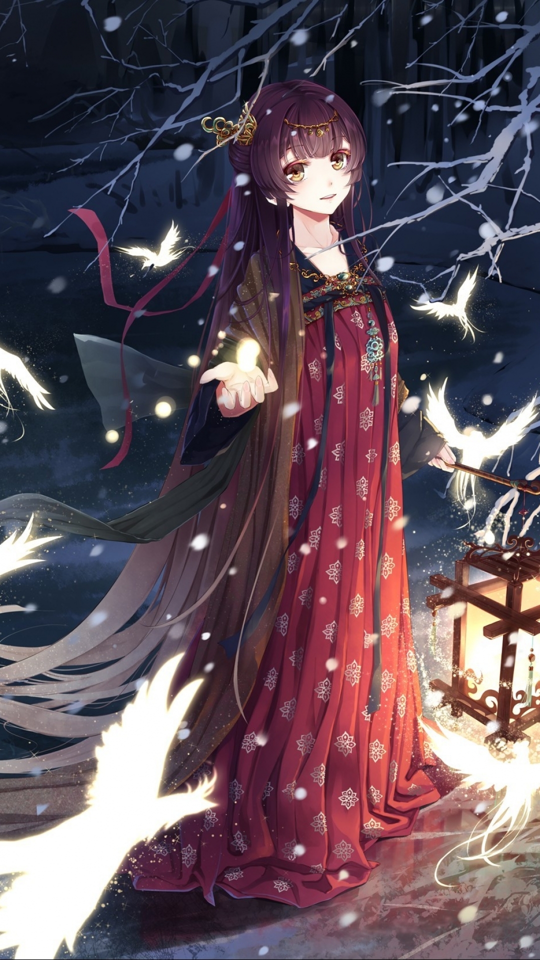 Download mobile wallpaper Anime, Winter, Bird, Lantern, Girl, Snowfall for free.