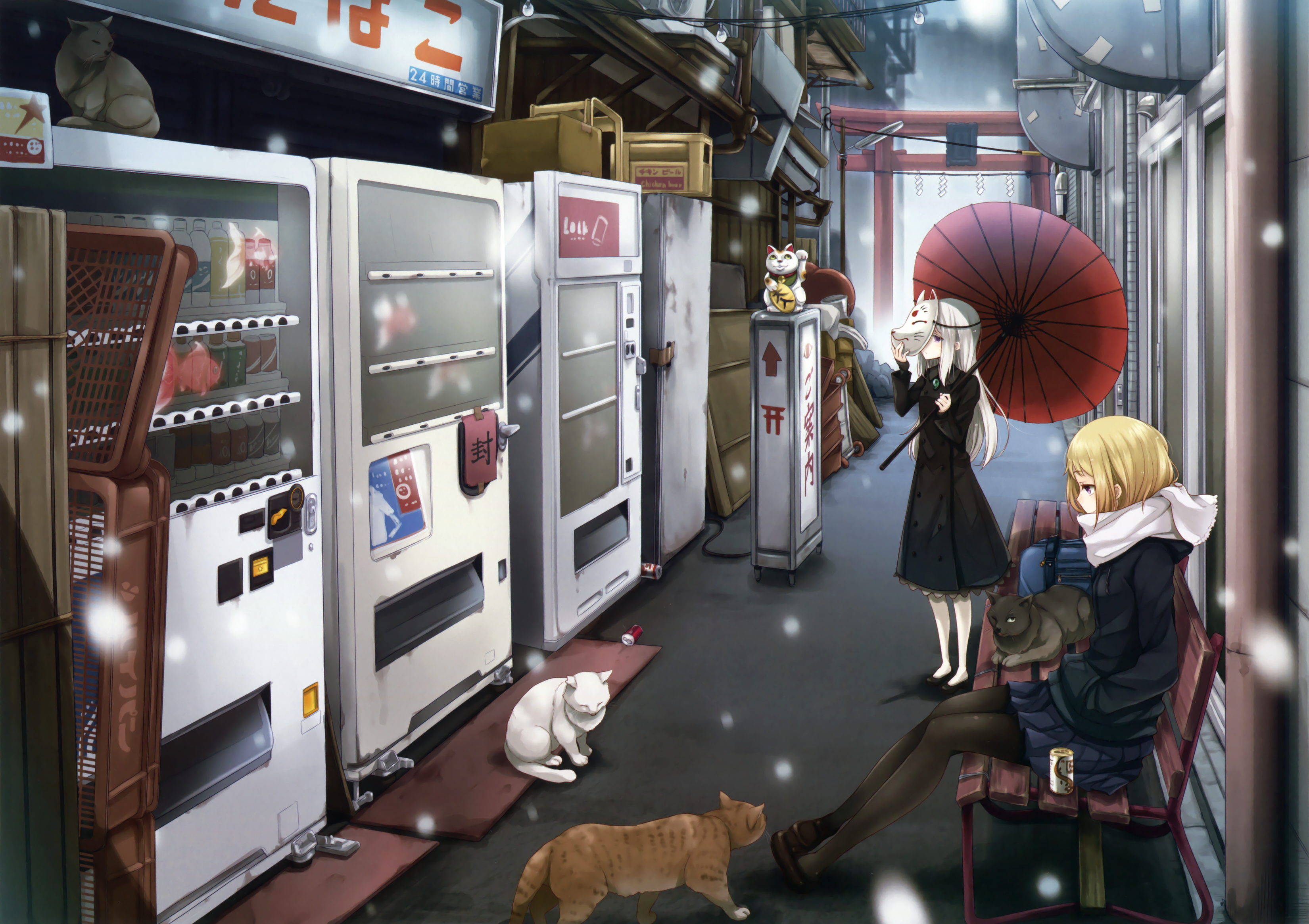Download mobile wallpaper Anime, Cat, Mask, Blonde, Scarf, Original, Long Hair, Short Hair, Parasol for free.