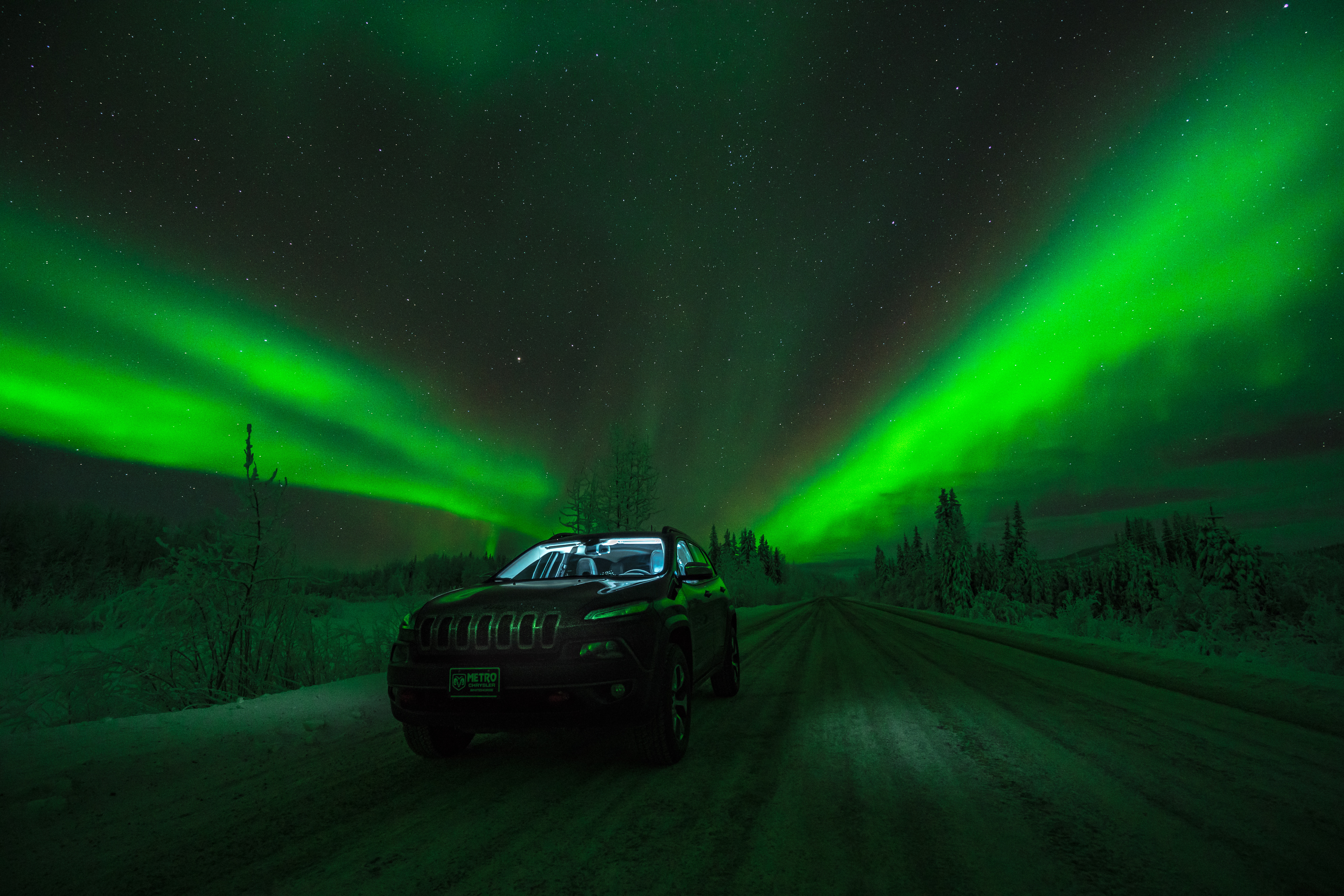 aurora borealis, northern lights, winter, cars, road, car, starry sky