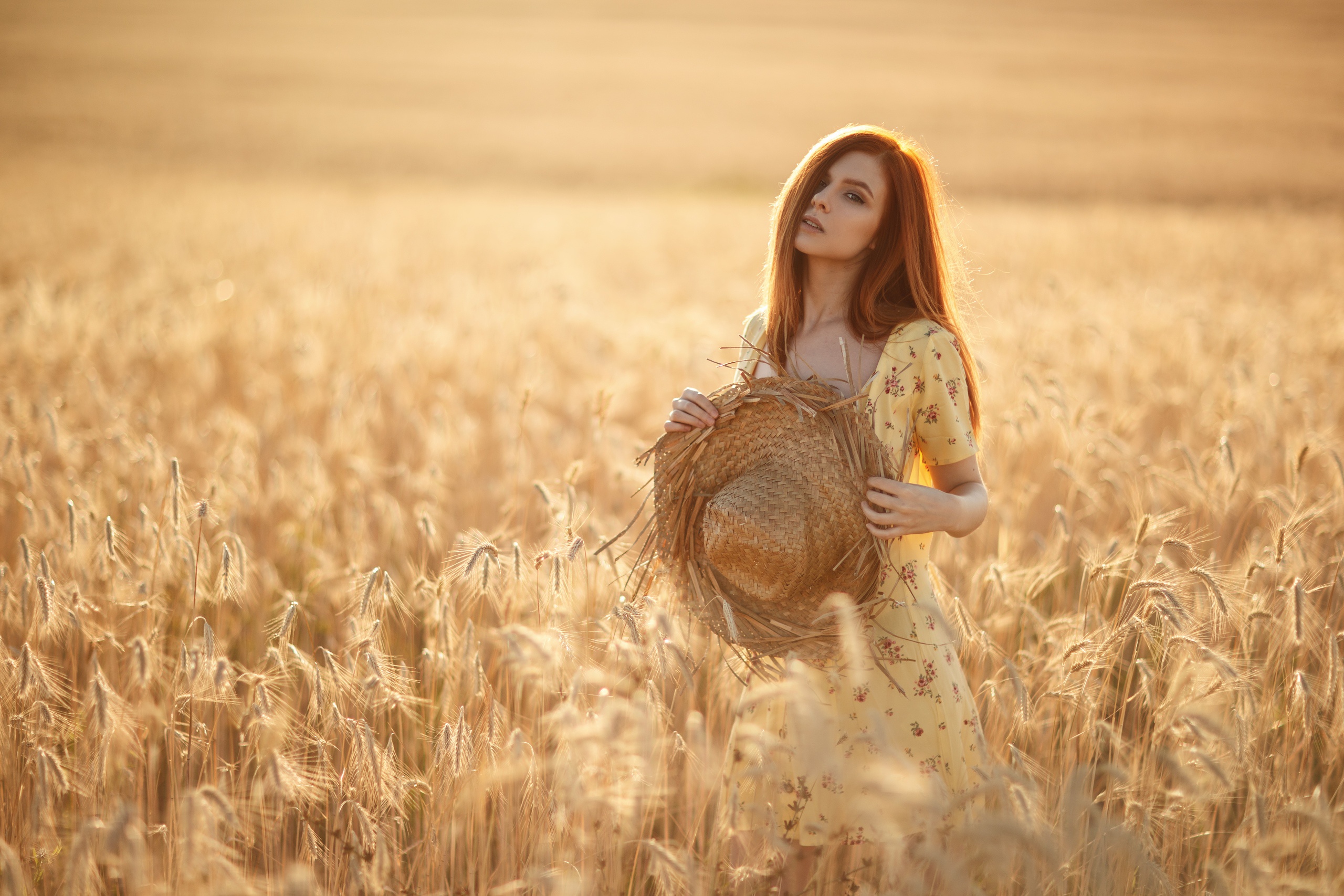 Free download wallpaper Summer, Wheat, Redhead, Hat, Dress, Model, Women, Depth Of Field on your PC desktop