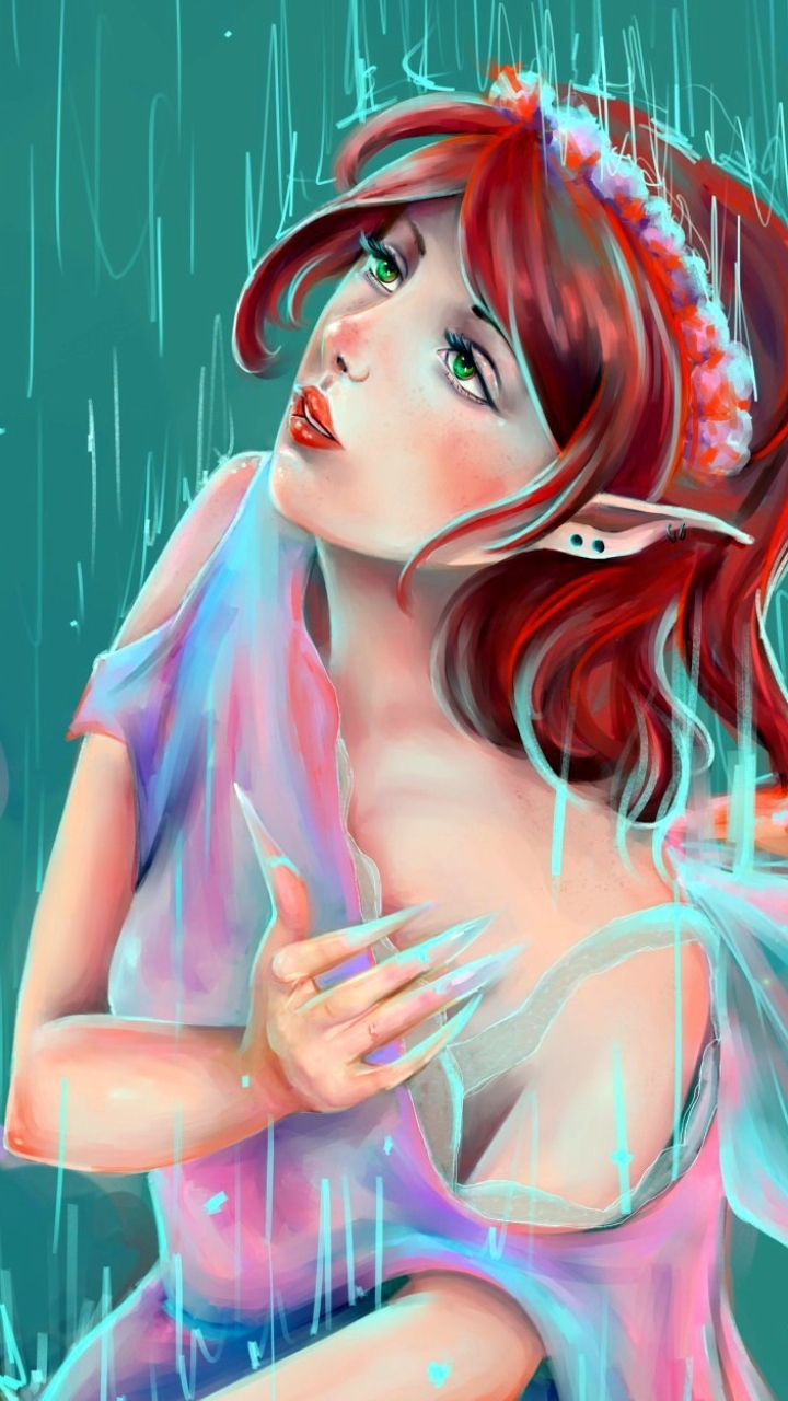 Download mobile wallpaper Fantasy, Rain, Wings, Angel, Green Eyes, Pointed Ears, Red Hair for free.