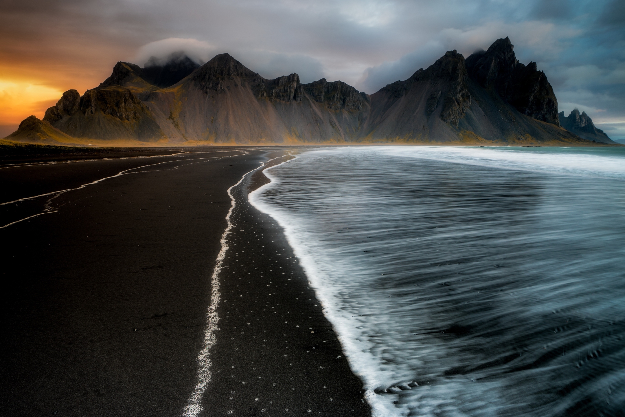 Download mobile wallpaper Nature, Mountains, Beach, Sand, Mountain, Earth, Foam, Iceland, Vestrahorn for free.