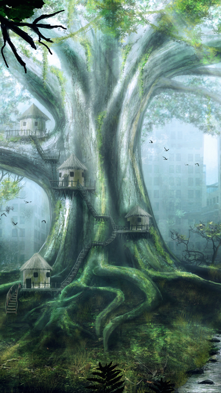 Download mobile wallpaper City, Tree, Sci Fi, Ruin, Post Apocalyptic for free.