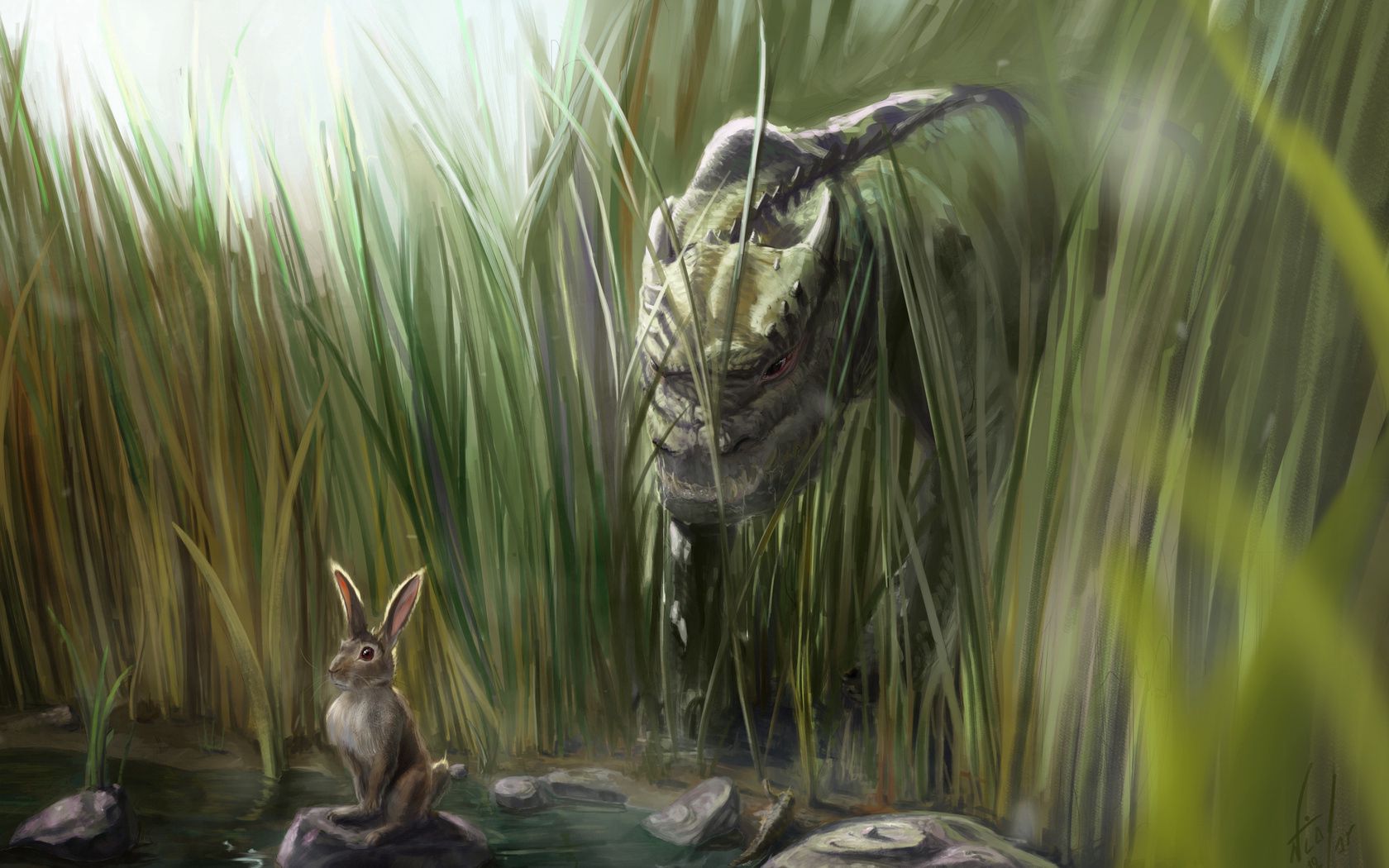 Free download wallpaper Grass, Stones, Hare, Dinosaur, Art on your PC desktop