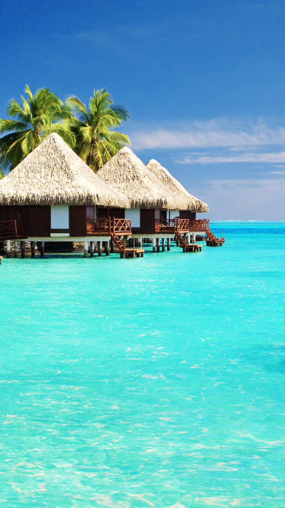 Download mobile wallpaper Sea, Ocean, Tropics, Lagoon, Tropical, Hut, Photography, Bungalow, Palm Tree for free.