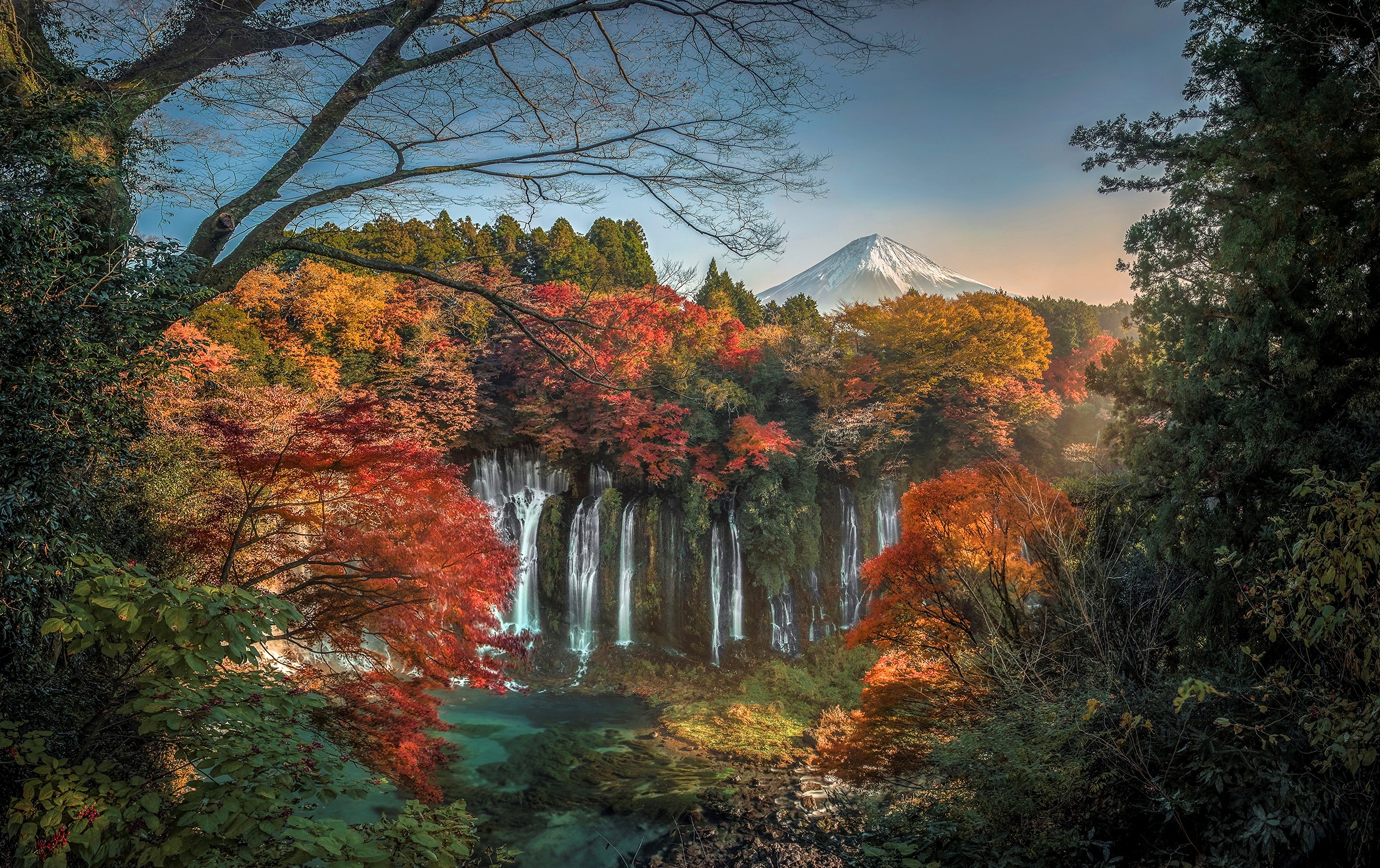 PCデスクトップに秋, 滝, 湖, 山, 森, 地球, 日本, 富士山画像を無料でダウンロード