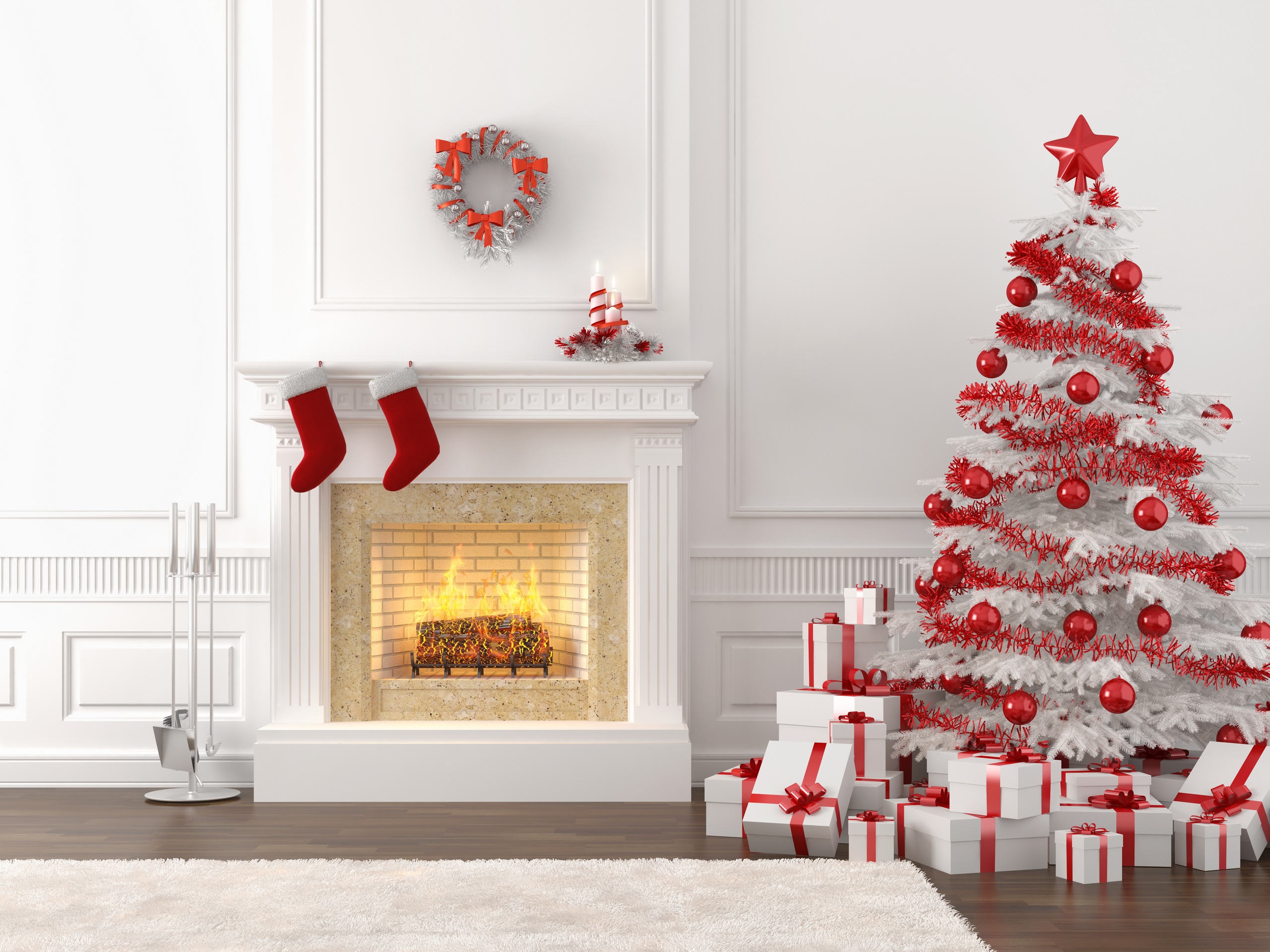 552477 Hintergrundbild herunterladen feiertage, weihnachten, weihnachtsschmuck, weihnachtsbaum, kamin, geschenk - Bildschirmschoner und Bilder kostenlos