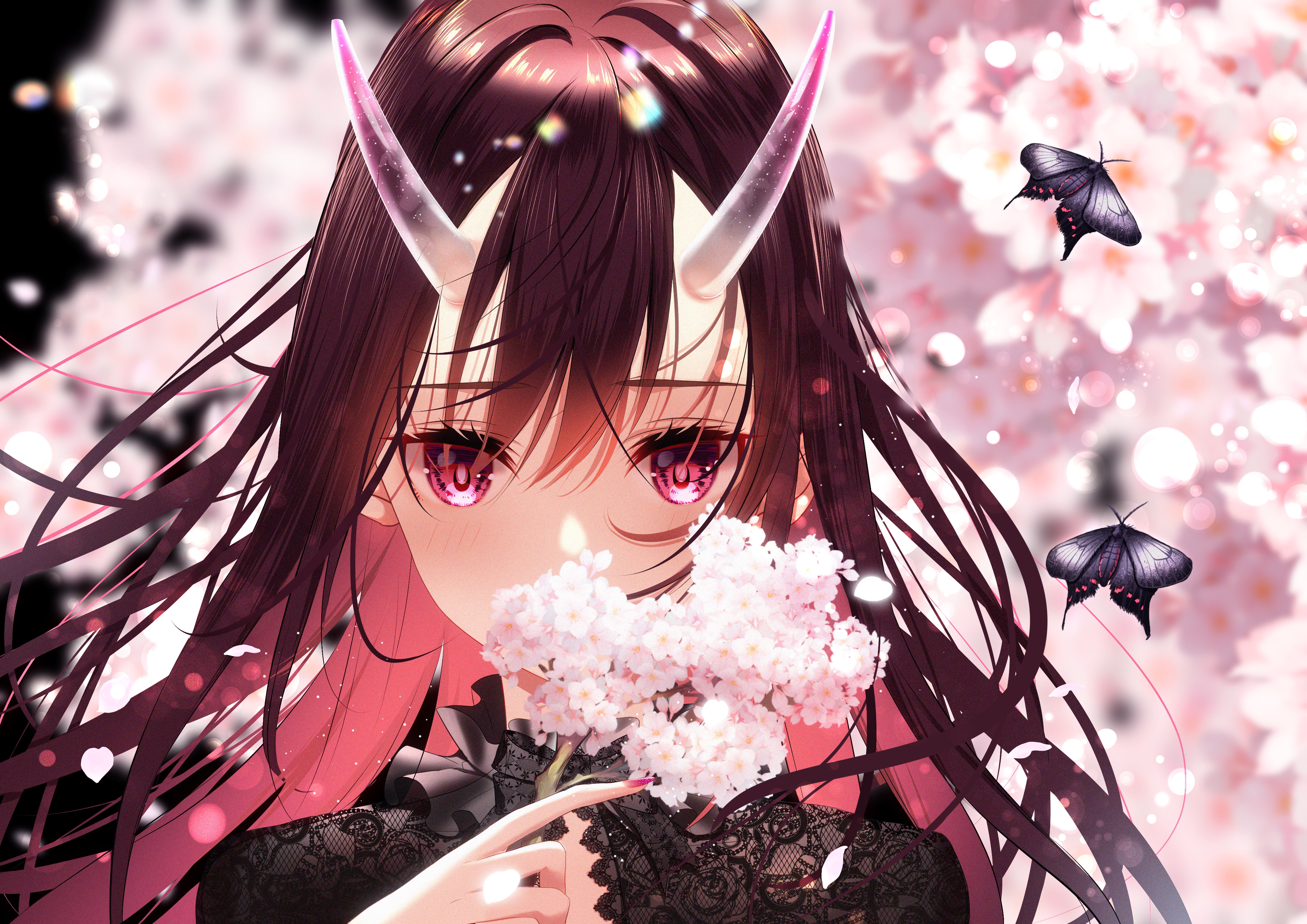Download mobile wallpaper Anime, Butterfly, Horns, Cherry Blossom, Original for free.
