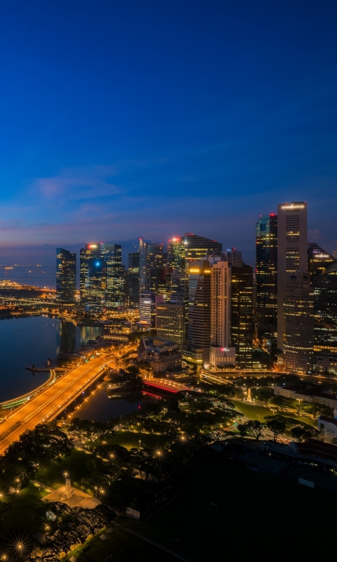 Handy-Wallpaper Städte, Stadt, Wolkenkratzer, Gebäude, Horizont, Licht, Singapur, Nacht, Antenne, Menschengemacht, Großstadt, Luftbildfotografie, Marina Bay Sands kostenlos herunterladen.