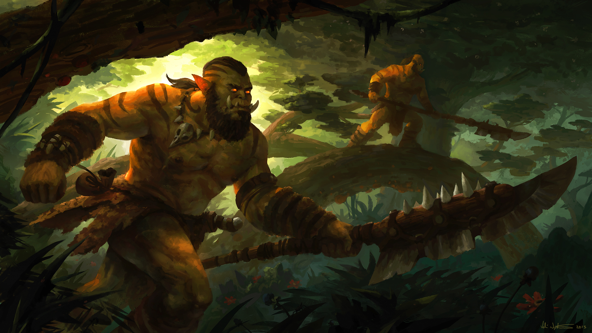 Free download wallpaper Fantasy, Weapon, Forest, Warrior, Spear, Orc on your PC desktop
