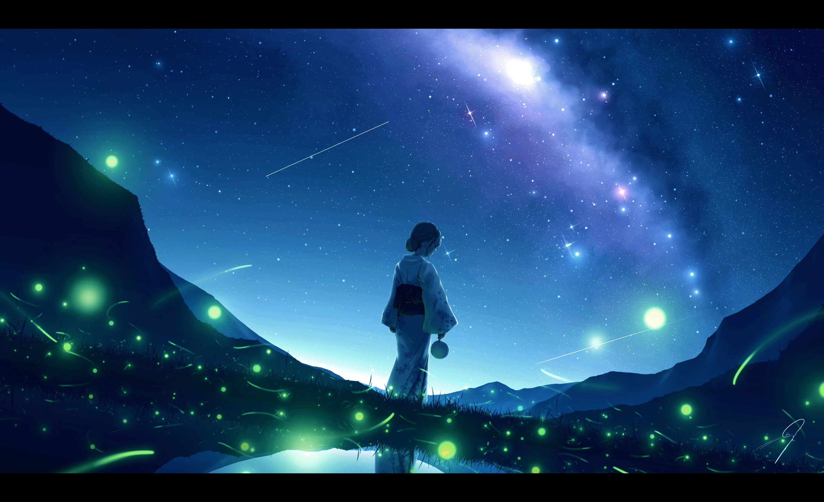 Download mobile wallpaper Anime, Night, Starry Sky, Girl, Firefly for free.