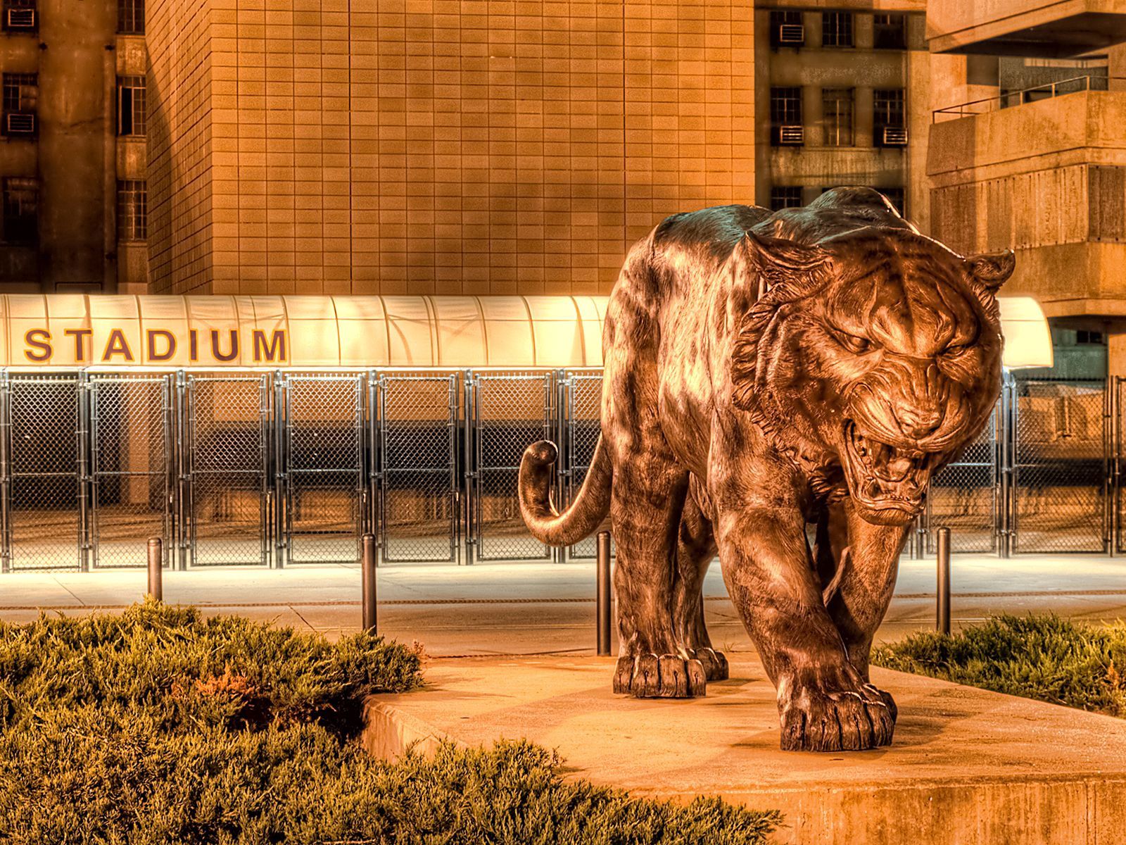 Free download wallpaper Cities, Tiger, Hdr, City, Statue, Metal on your PC desktop