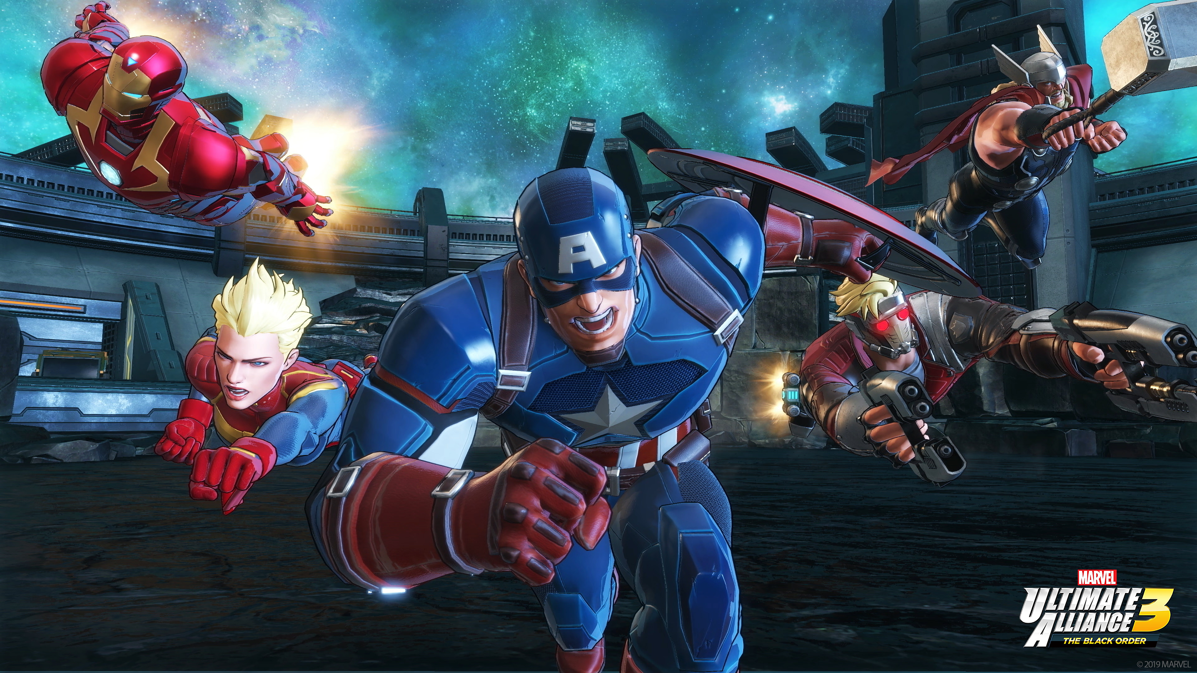 Скачать картинку Видеоигры, Железный Человек, Капитан Америка, Капитан Марвел, Тор, Кэрол Дэнверс, Звездный Лорд, Marvel Ultimate Alliance 3: Черный Орден в телефон бесплатно.