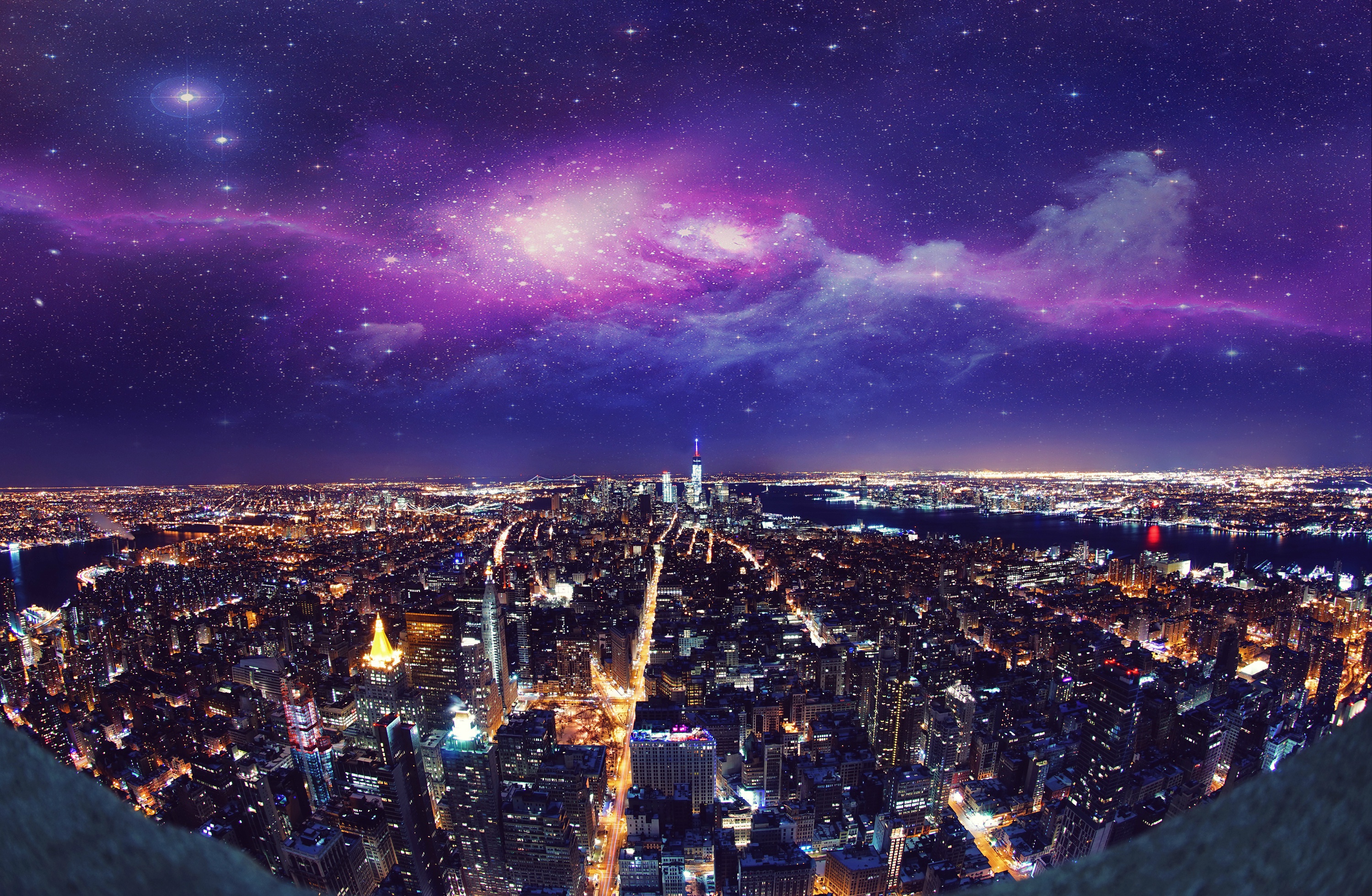Free download wallpaper Cities, Sky, Night, Usa, City, Building, Horizon, Cityscape, New York, Man Made, Manipulation on your PC desktop