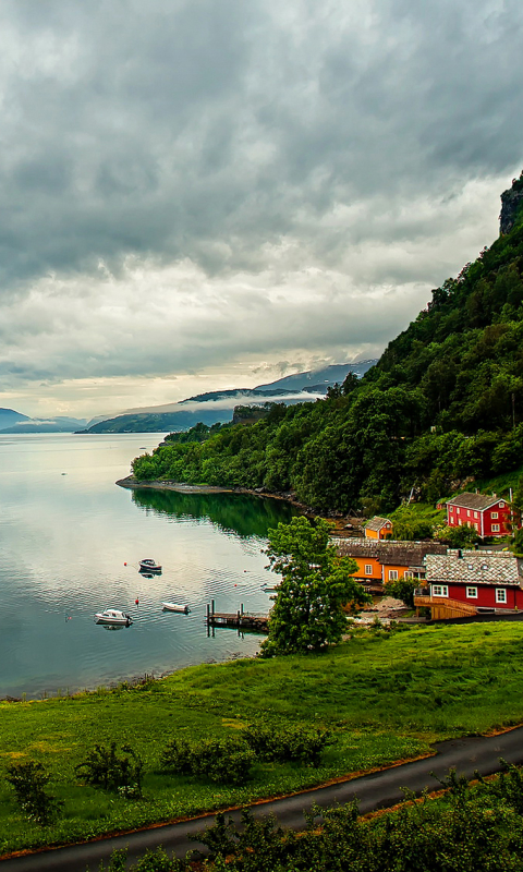 Download mobile wallpaper Mountain, Lake, House, Village, Norway, Man Made for free.