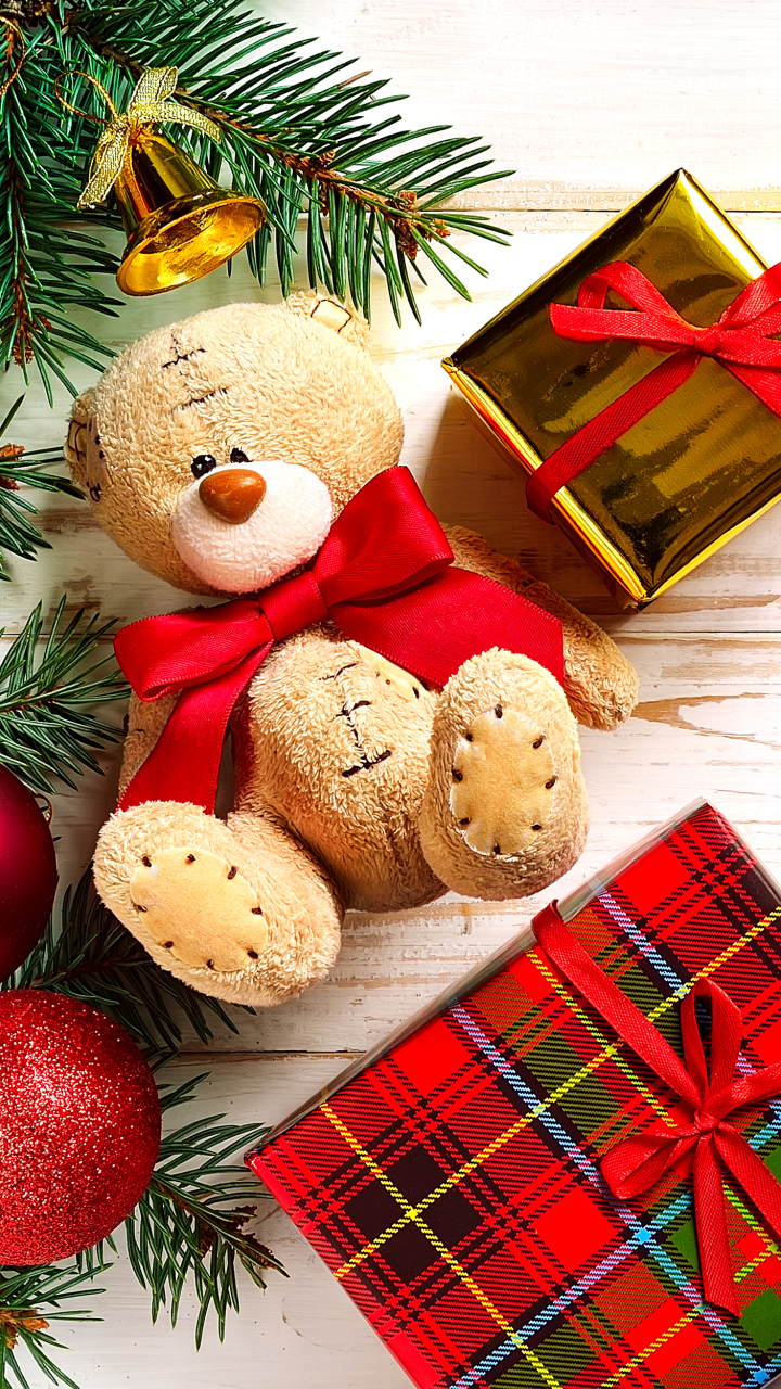 Handy-Wallpaper Feiertage, Weihnachten, Teddybär, Geschenk, Weihnachtsschmuck kostenlos herunterladen.