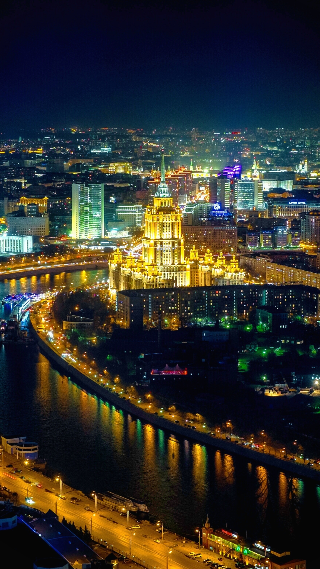 Download mobile wallpaper Cities, Night, City, Horizon, Light, Cityscape, Russia, River, Aerial, Moscow, Man Made for free.