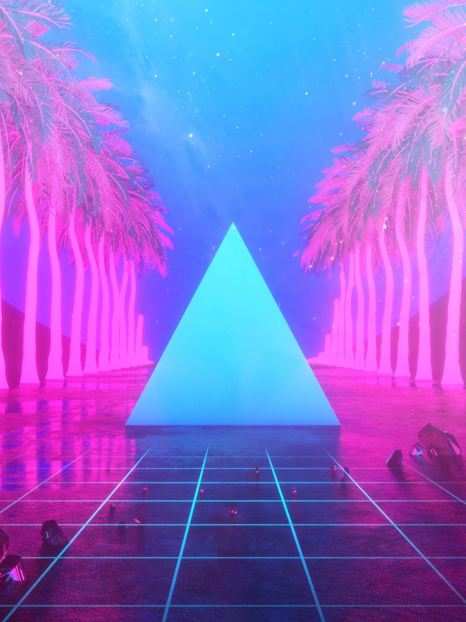 Download mobile wallpaper Stars, Reflection, Artistic, Pyramid, Palm Tree, Retro Wave for free.