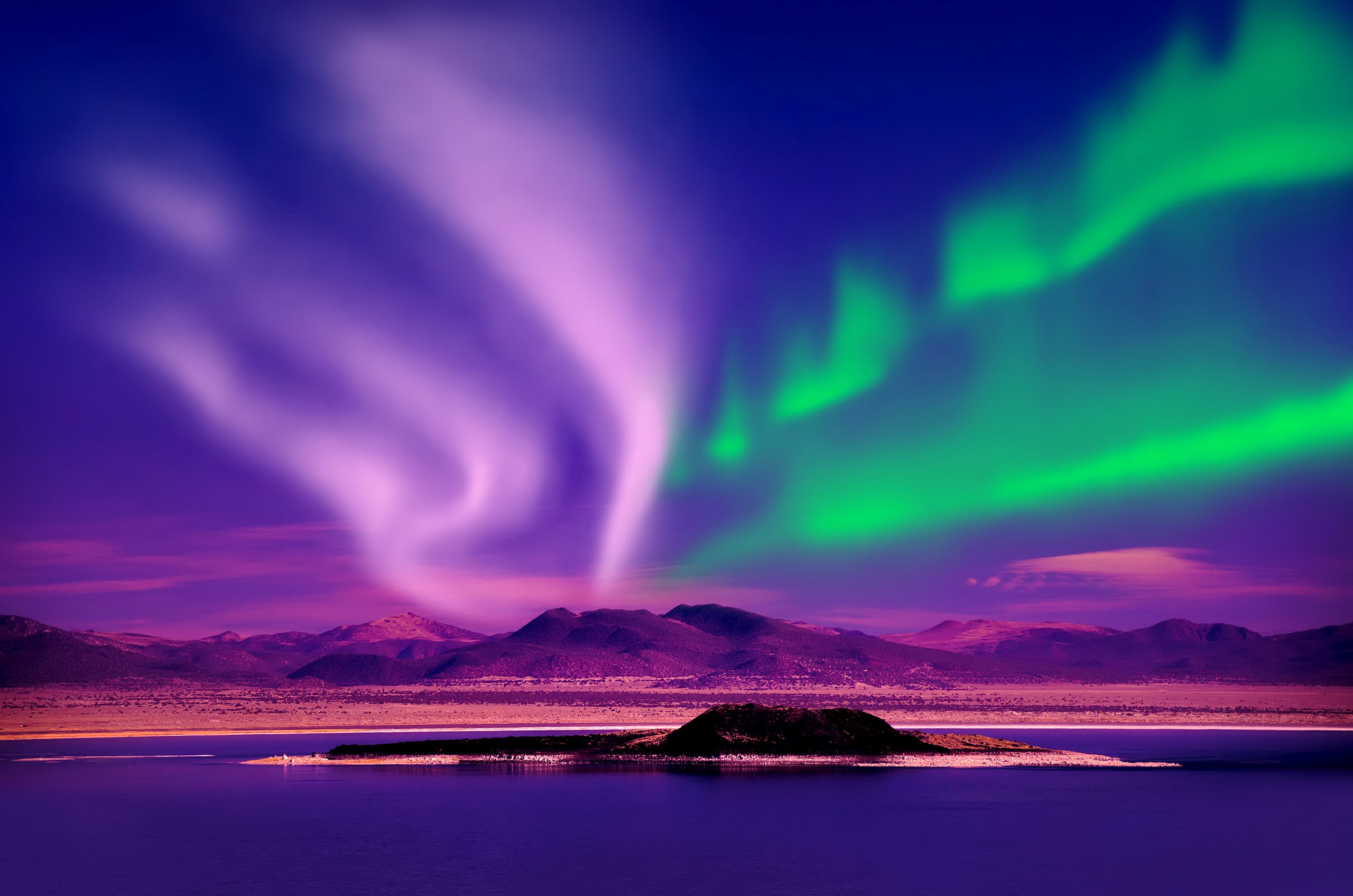 Download mobile wallpaper Mountain, Light, Earth, Island, Aurora Borealis for free.