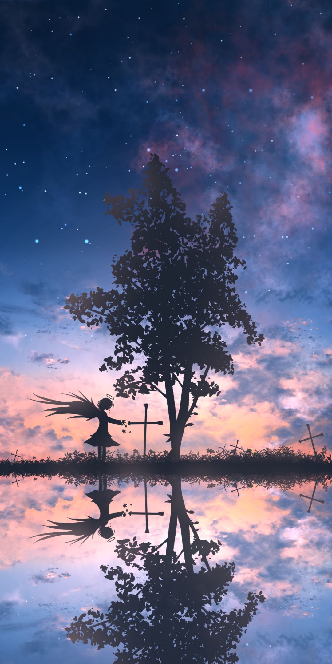 Download mobile wallpaper Anime, Reflection, Tree, Starry Sky, Cross, Original for free.