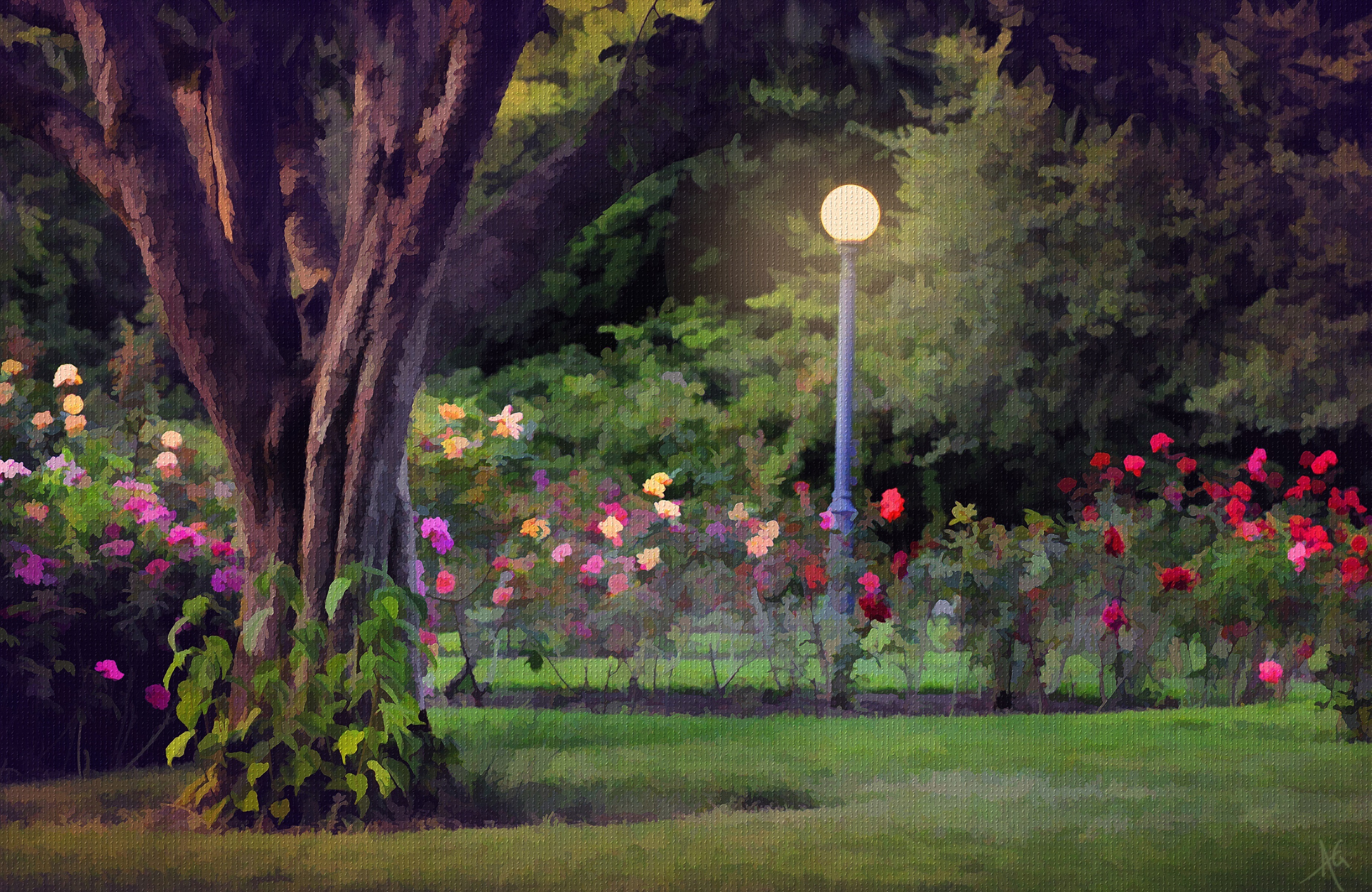 PCデスクトップに花, 公園, ペインティング, 芸術的, 街灯柱画像を無料でダウンロード