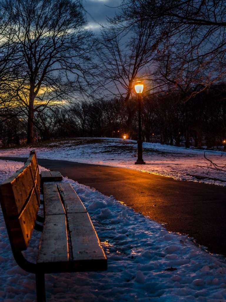 Download mobile wallpaper Winter, Night, Snow, Light, Park, Bench, Photography for free.