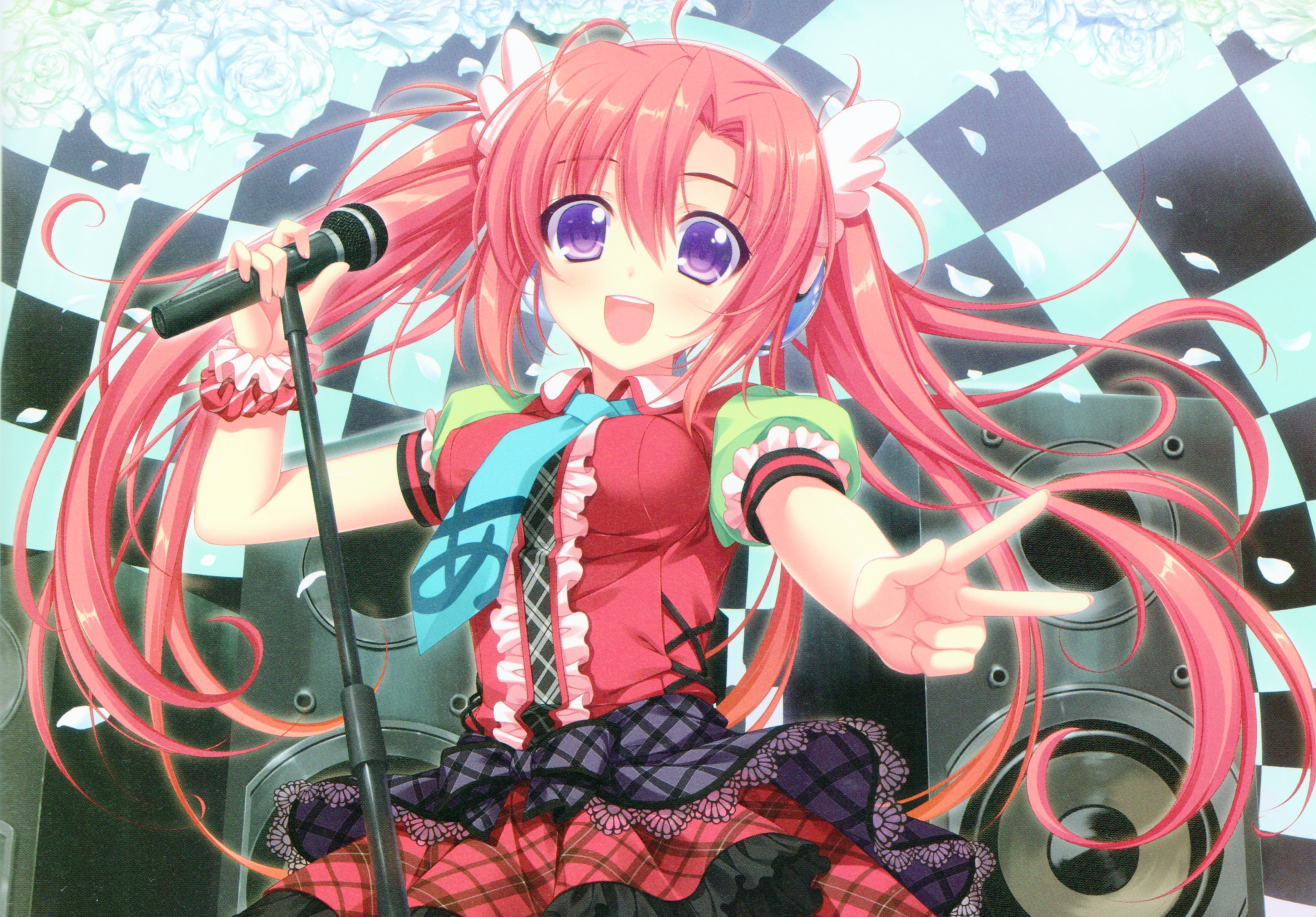 Download mobile wallpaper Music, Anime, Flower, Smile, Microphone, Tie, Long Hair, Twintails, Orange Hair, Bow (Clothing) for free.