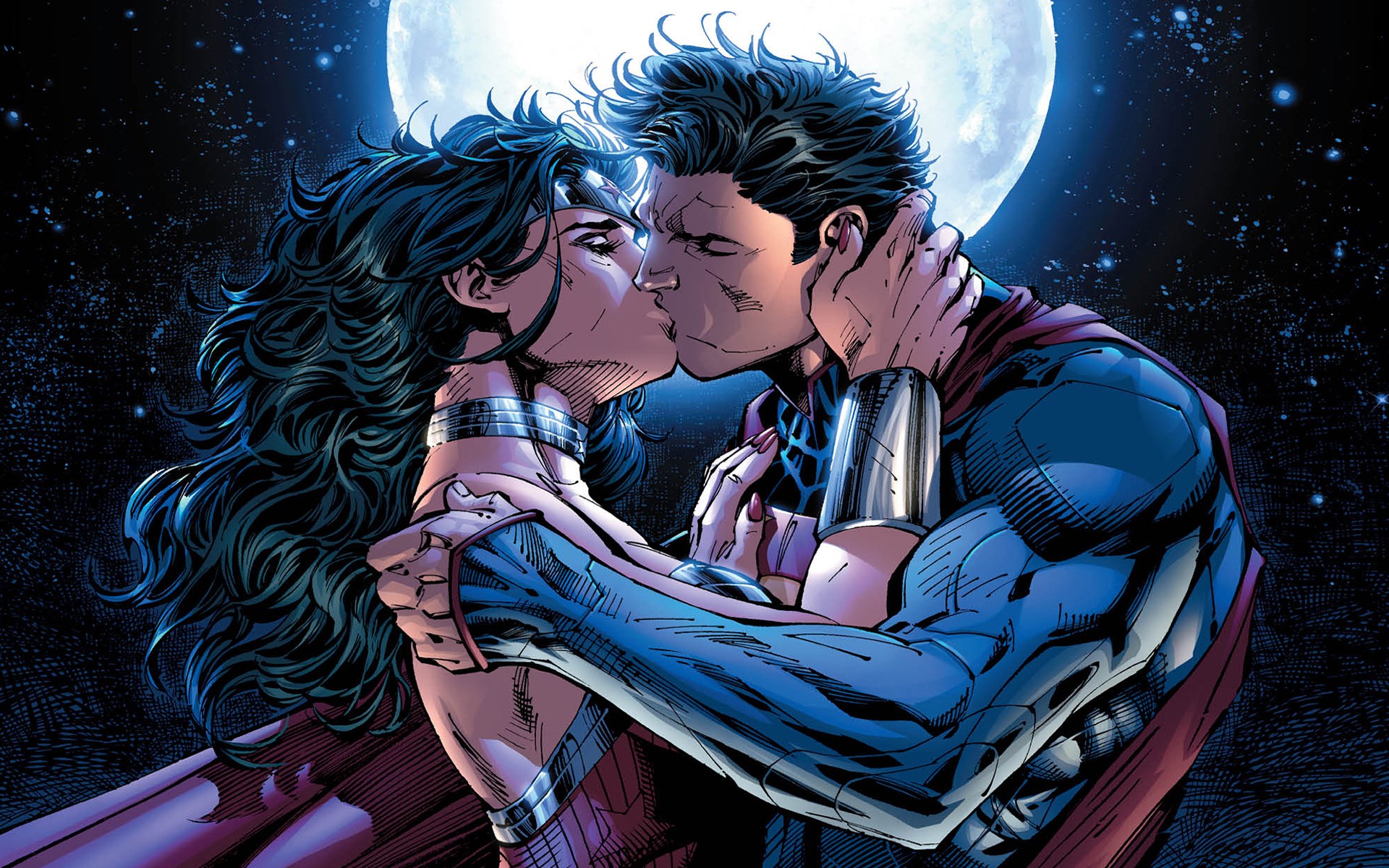 justice league of america, comics, bracelet, collar, kiss, moon, night, stars, superman, wonder woman, justice league