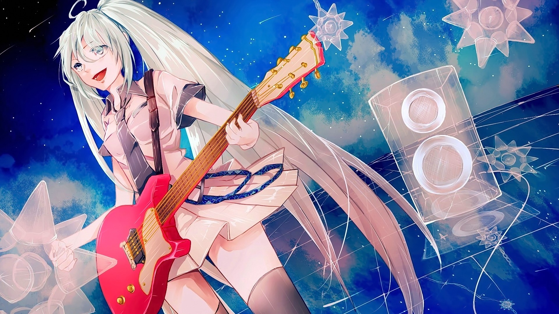 Téléchargez gratuitement l'image Le Sourire, Guitare, Vocaloïde, Jupe, Animé, Hatsune Miku, Cheveux Longs, Cheveux Blancs, Instrument sur le bureau de votre PC