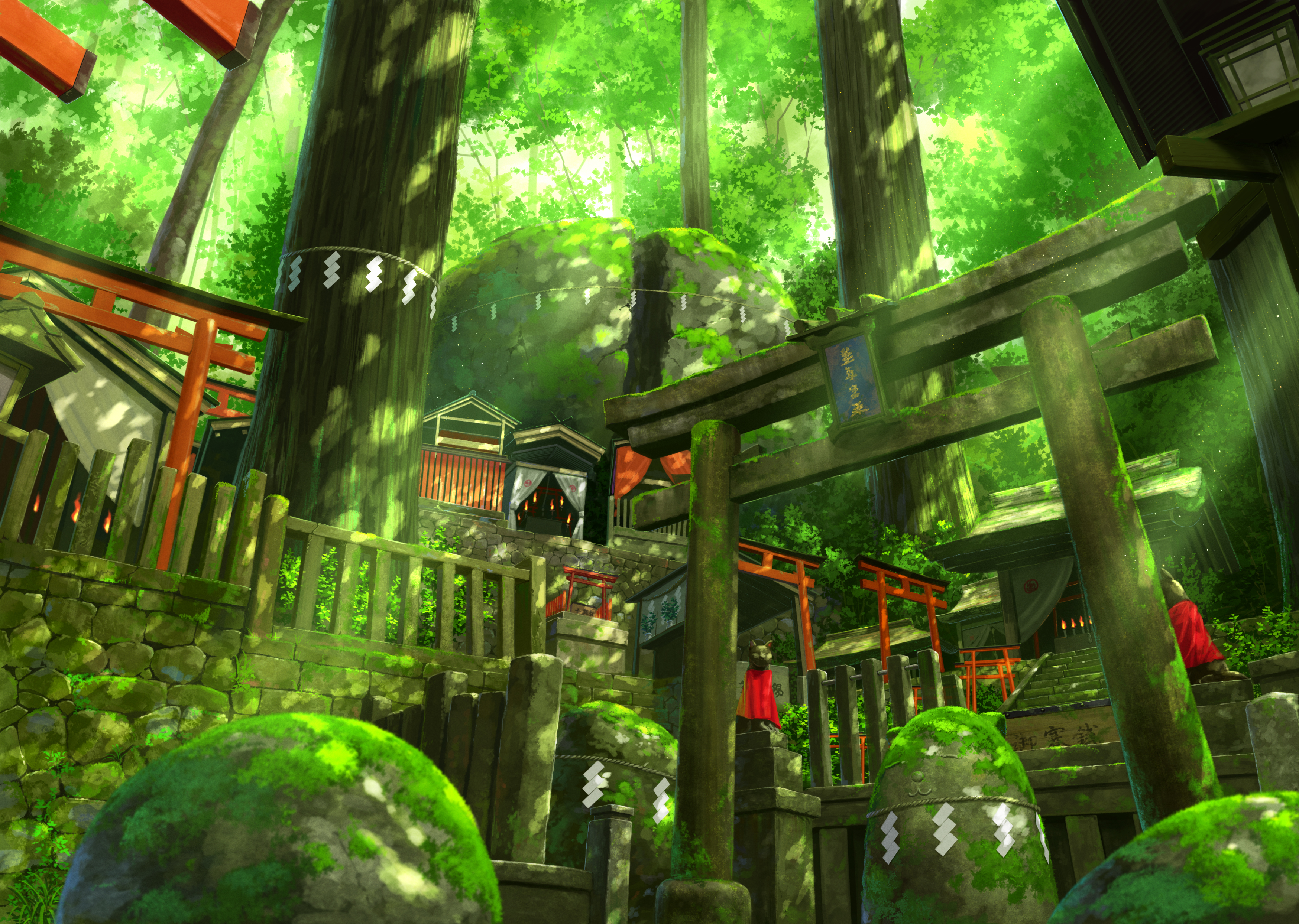 1533129 Hintergrundbild herunterladen animes, temple, grün, treppe, torii - Bildschirmschoner und Bilder kostenlos