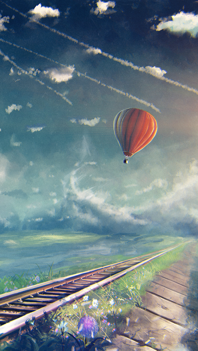 Download mobile wallpaper Landscape, Artistic, Railroad, Hot Air Balloon for free.