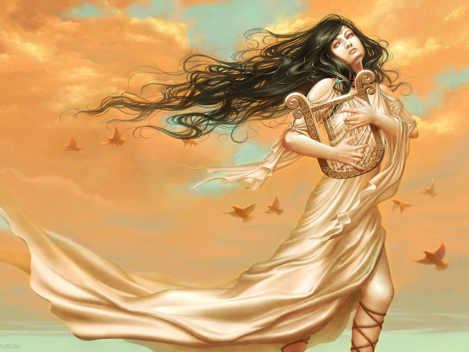 Download mobile wallpaper Fantasy, Artistic, Women, Lyre for free.