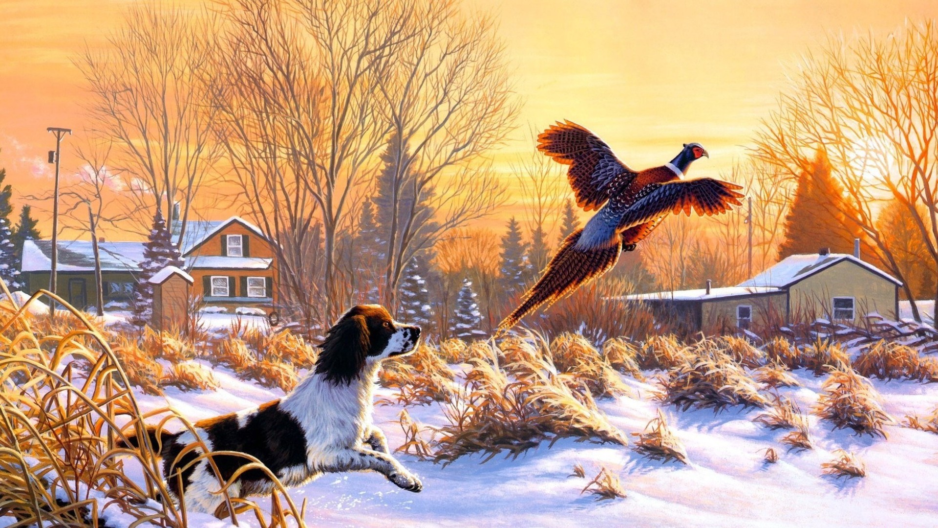 Скачать обои бесплатно Животные, Зима, Птицы, Собака, Деревня, Художественный картинка на рабочий стол ПК