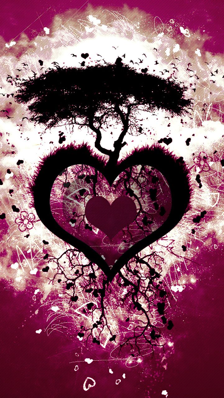 Скачать картинку Любовь, Дерево, Сердце, Художественные в телефон бесплатно.