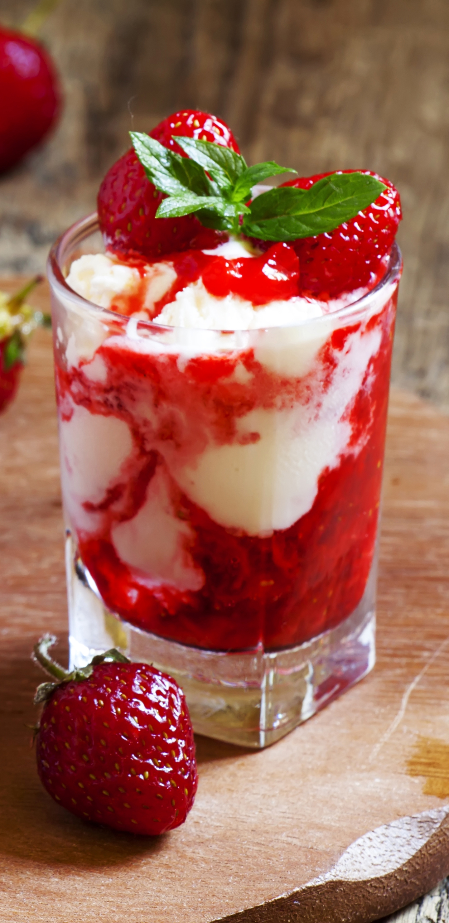 Download mobile wallpaper Food, Strawberry, Dessert, Glass for free.