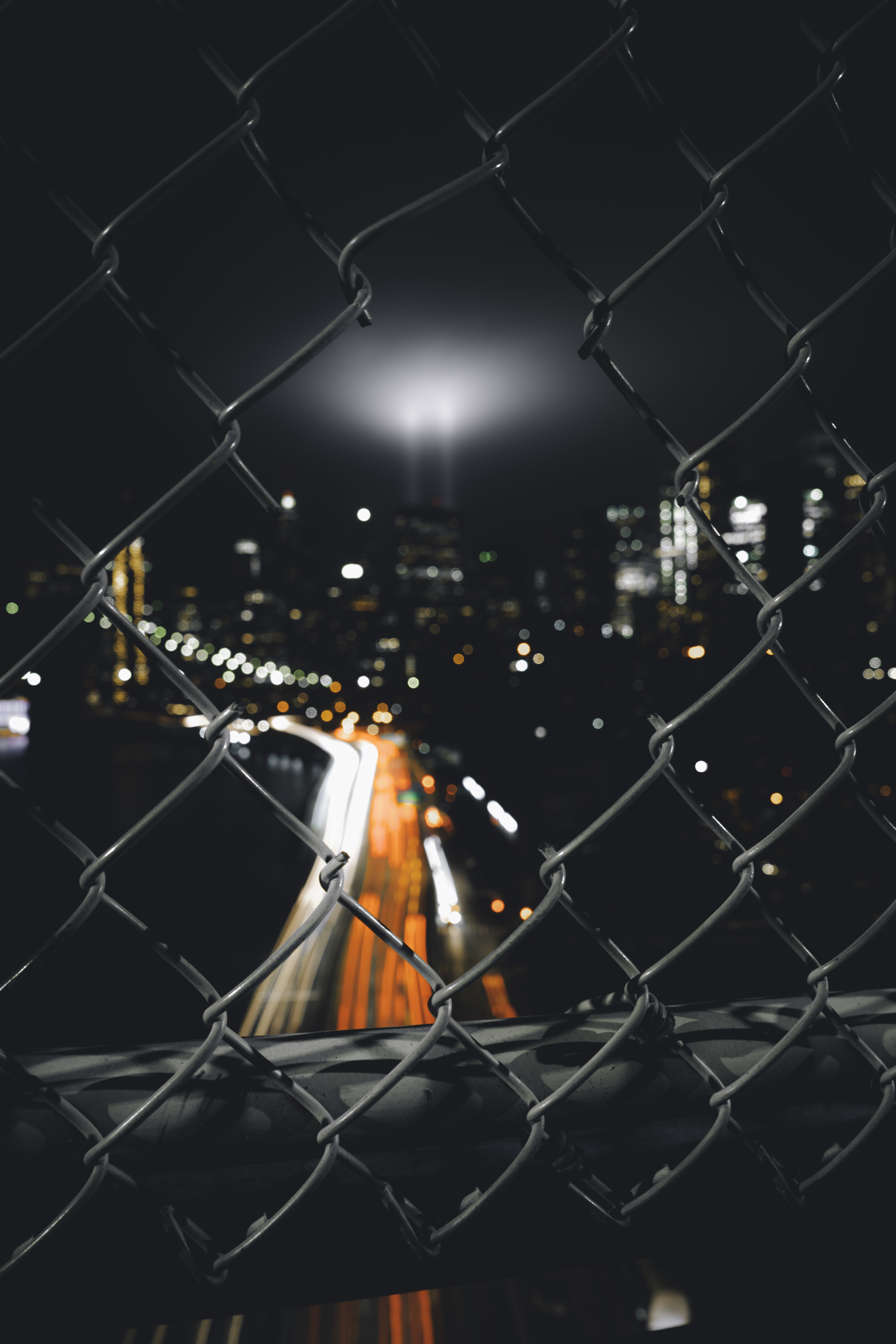 night city, cities, glare, blur, smooth, grid, fence