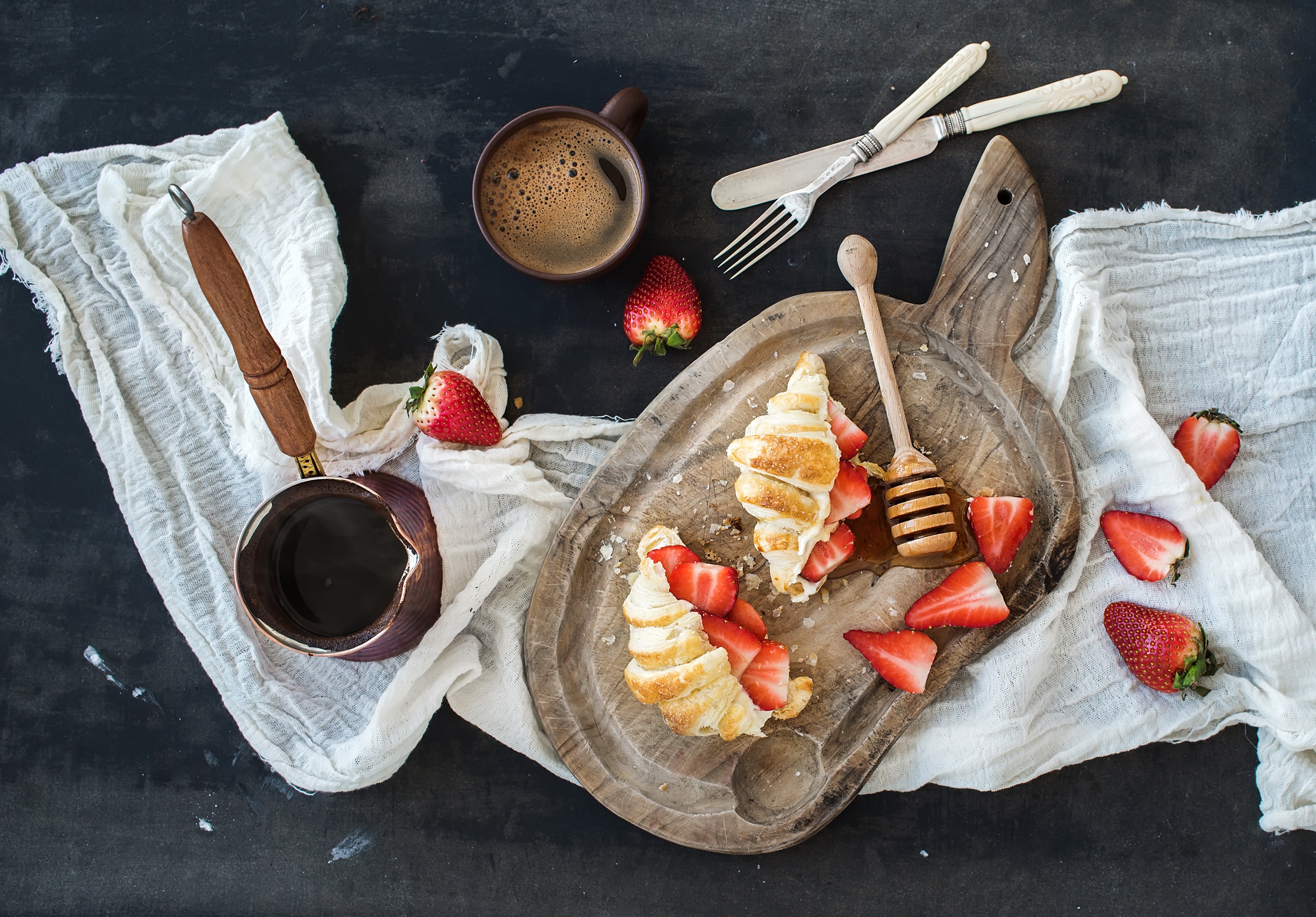 Download mobile wallpaper Food, Strawberry, Coffee, Still Life, Cup, Berry, Breakfast, Croissant for free.