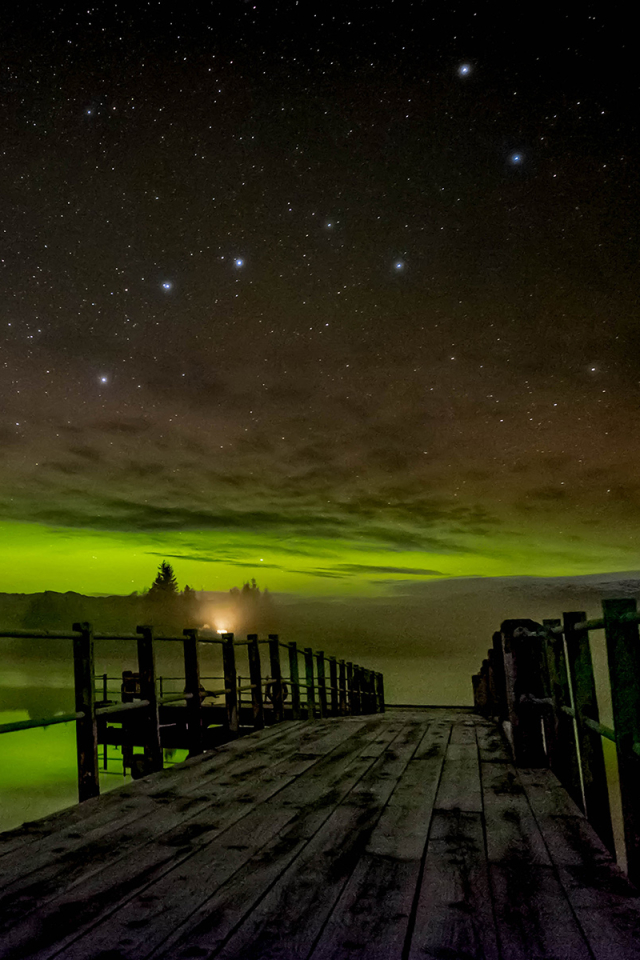 Download mobile wallpaper Sky, Stars, Night, Light, Pier, Earth, Aurora Borealis for free.