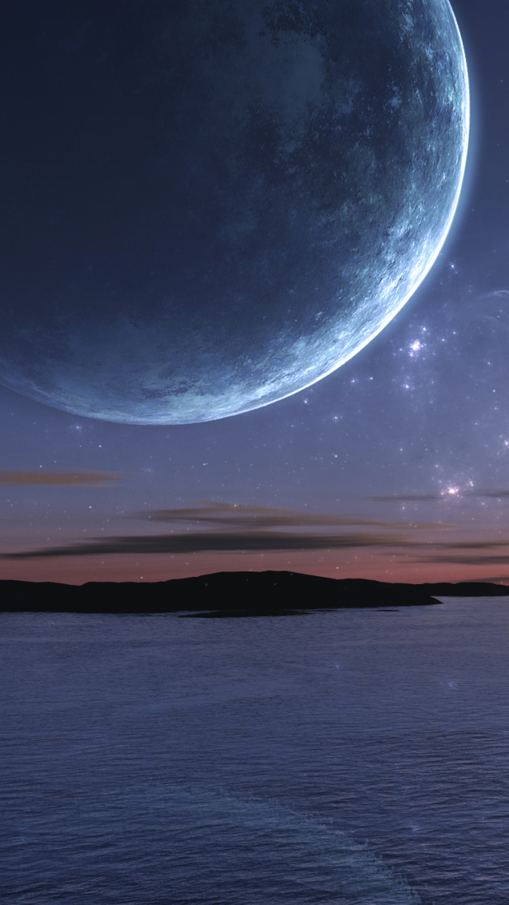 Download mobile wallpaper Landscape, Sunset, Ocean, Space, Planet, Sci Fi, Shooting Star for free.