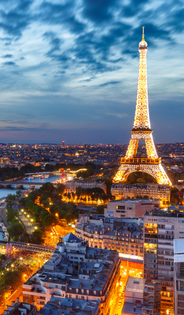 Download mobile wallpaper Cities, Sky, Night, Paris, Eiffel Tower, City, Building, Horizon, Light, France, Cityscape, River, Man Made for free.